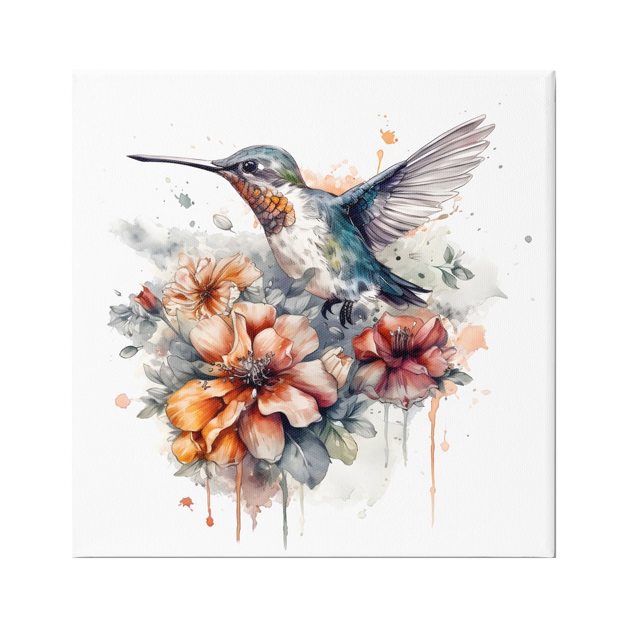 17" Square Hummingbird and Hibiscus Canvas Wall Art