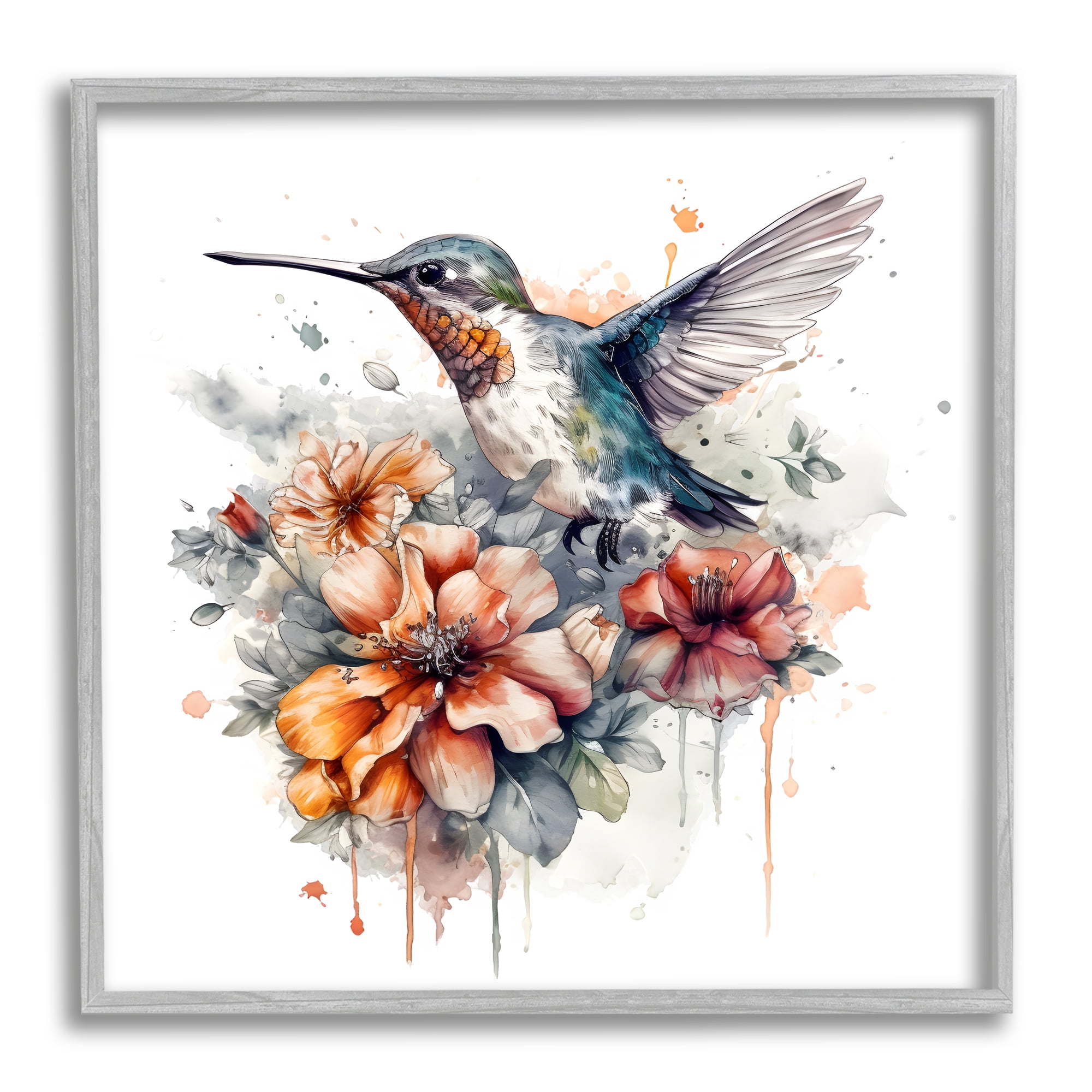 Stupell Industries Hummingbird & Hibiscus Flower Animals & Insects Painting Gray Framed Art Print Wall Art, 24 x 24