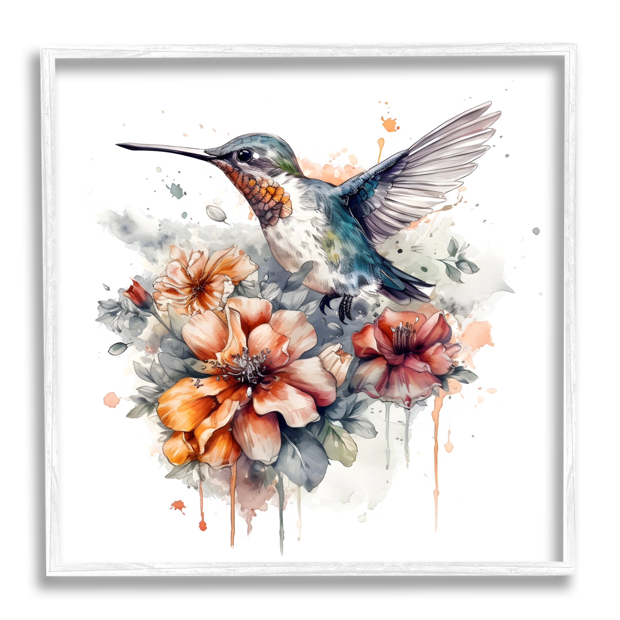Stupell Industries Hummingbird & Hibiscus Flower Animals & Insects Painting White Framed Art Print Wall Art, 12 x 12
