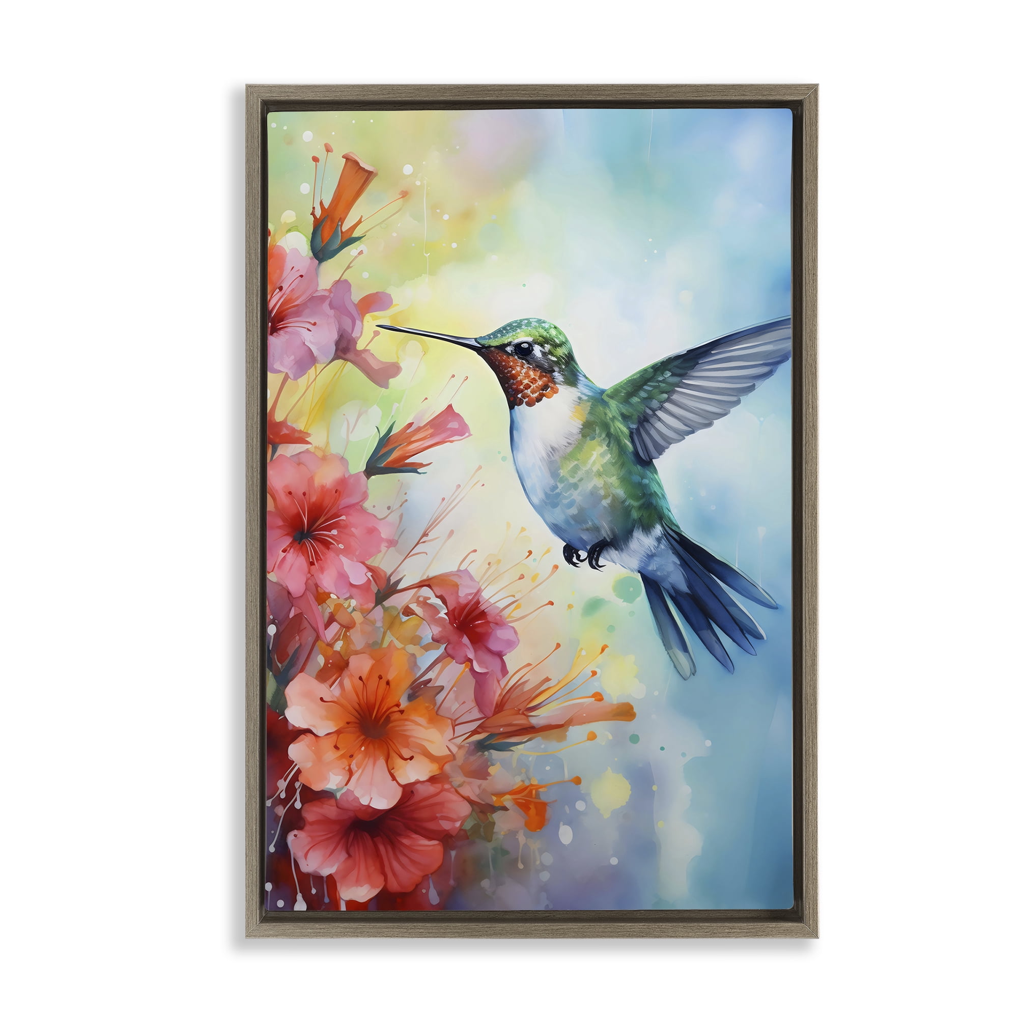 Stupell Industries Hummingbird Hibiscus Serenade Brown Framed Floater Canvas Wall Art, design by Creative Studio