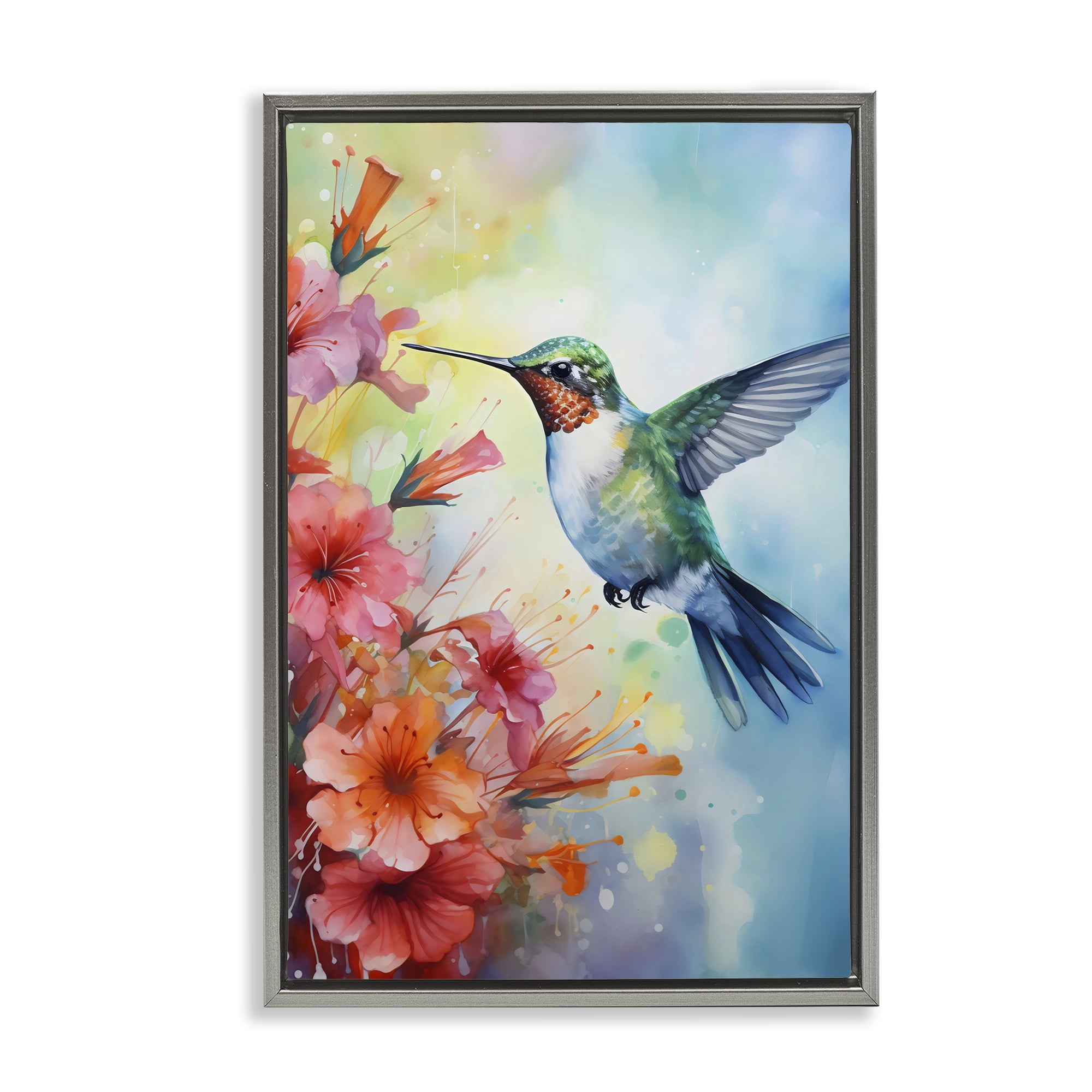 Stupell Industries Hummingbird Hibiscus Serenade Gray Framed Floater Canvas Wall Art, design by Creative Studio