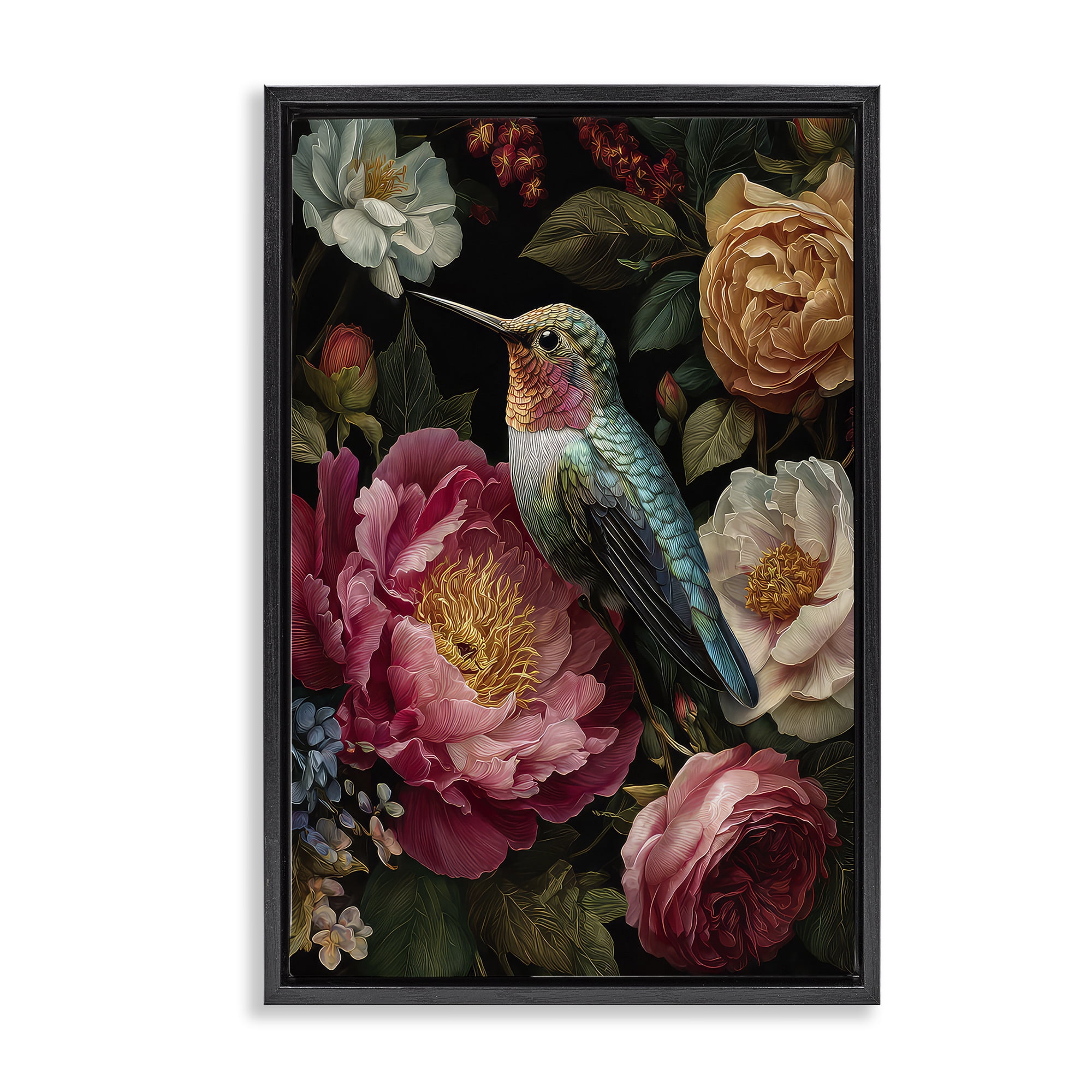 Stupell Industries Hummingbird & Lush Blooms Black Framed Floater Canvas Wall Art, design by The Wands Want