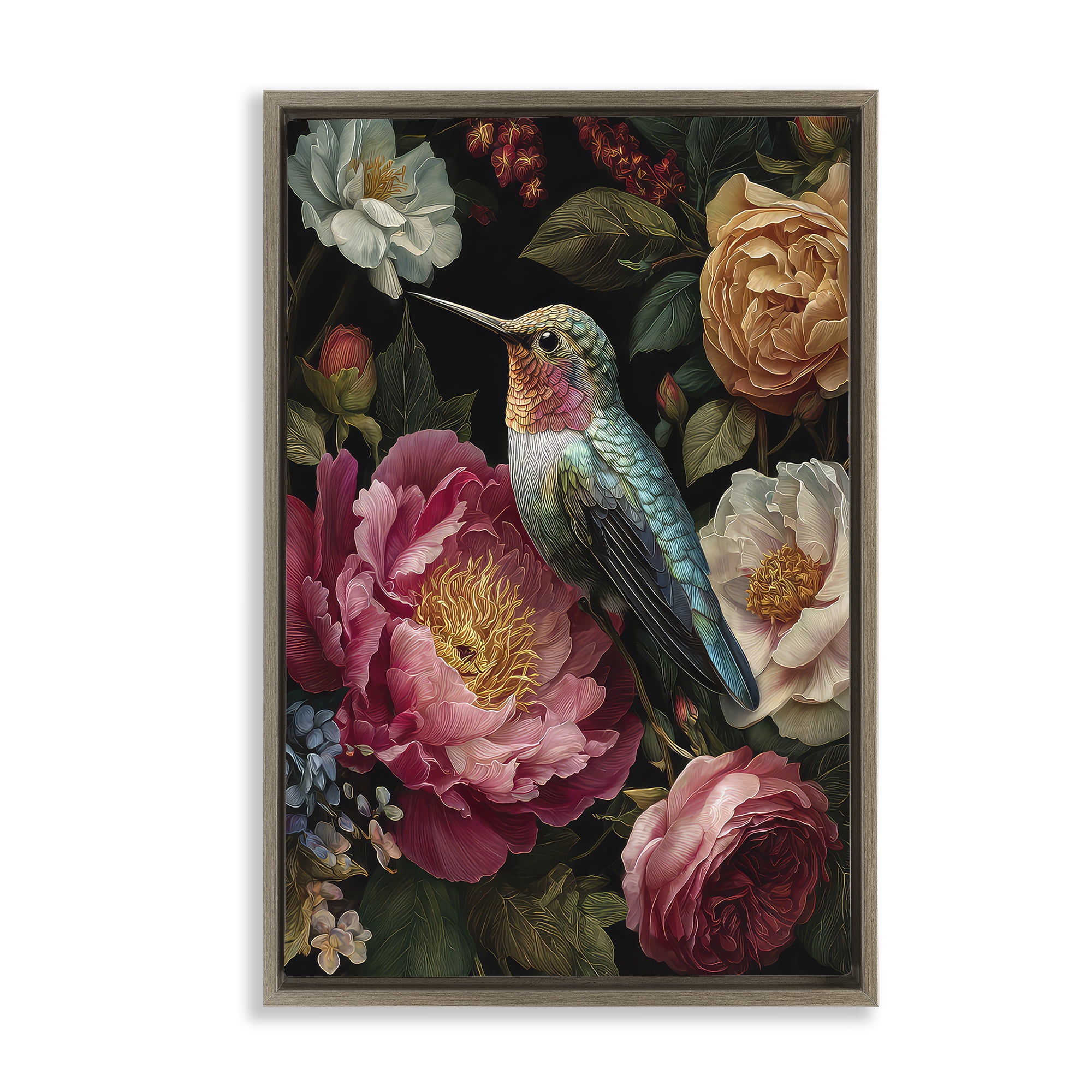 Stupell Industries Hummingbird & Lush Blooms Brown Framed Floater Canvas Wall Art, design by The Wands Want