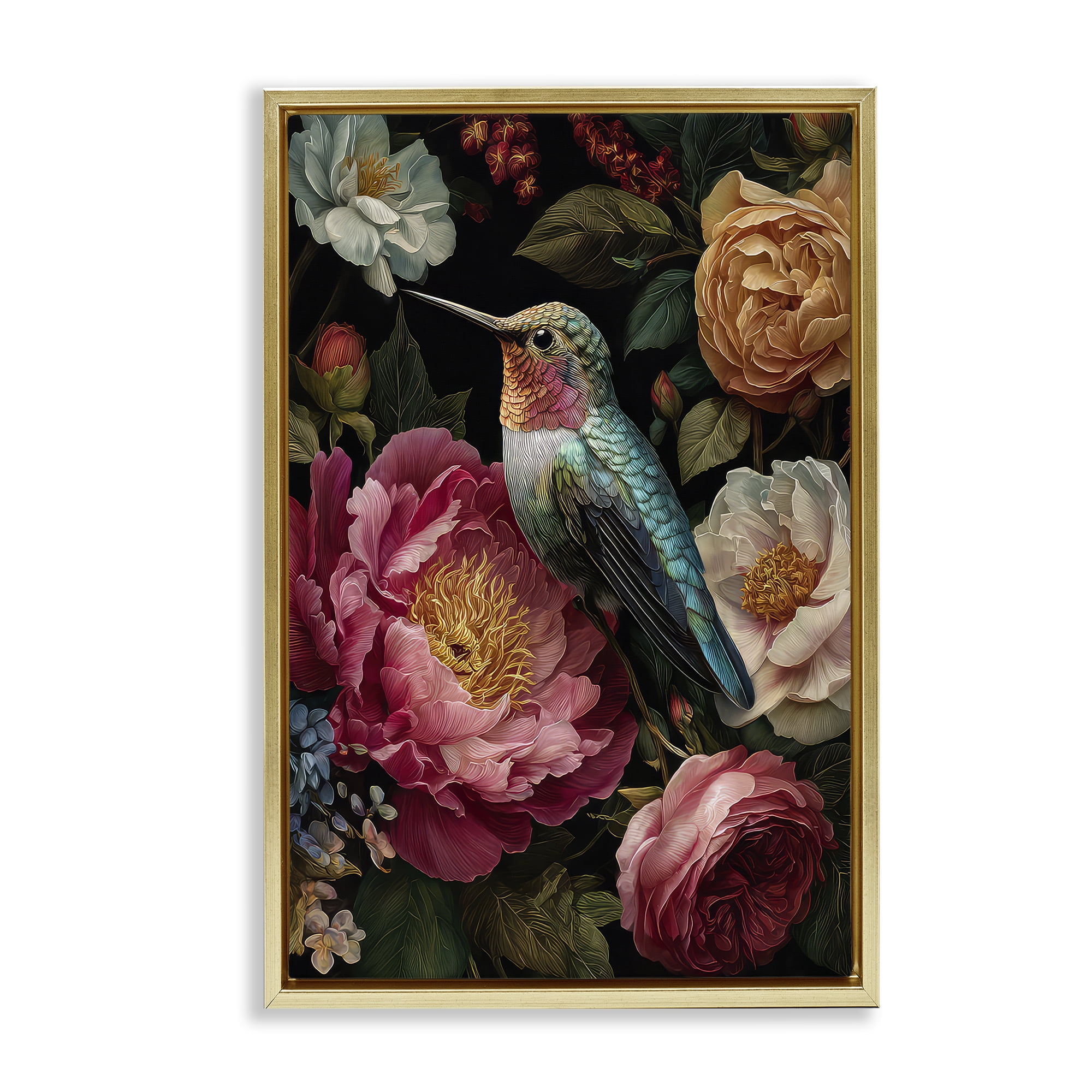 Stupell Industries Hummingbird & Lush Blooms Gold Framed Floater Canvas Wall Art, design by The Wands Want