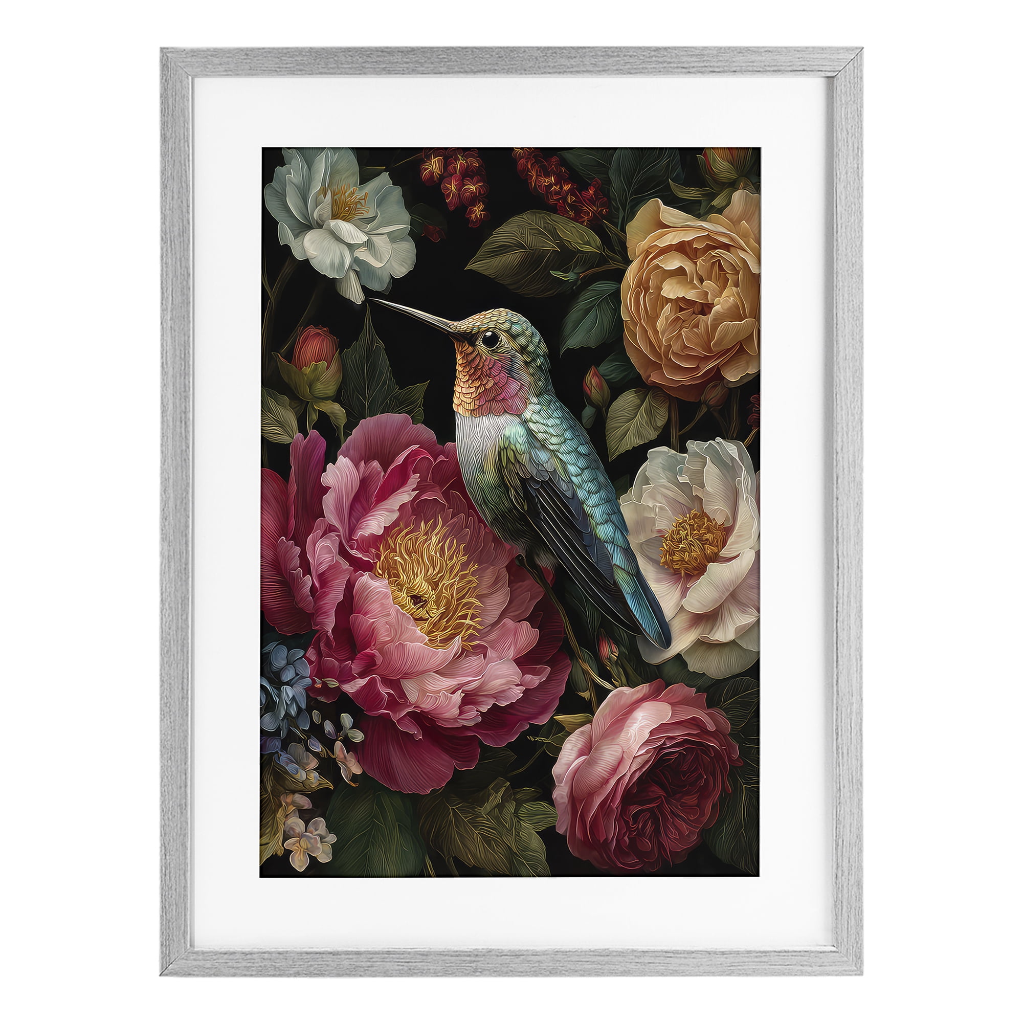 Stupell Industries Hummingbird & Lush Blooms Gray Framed Print Under Glass, design by The Wands Want