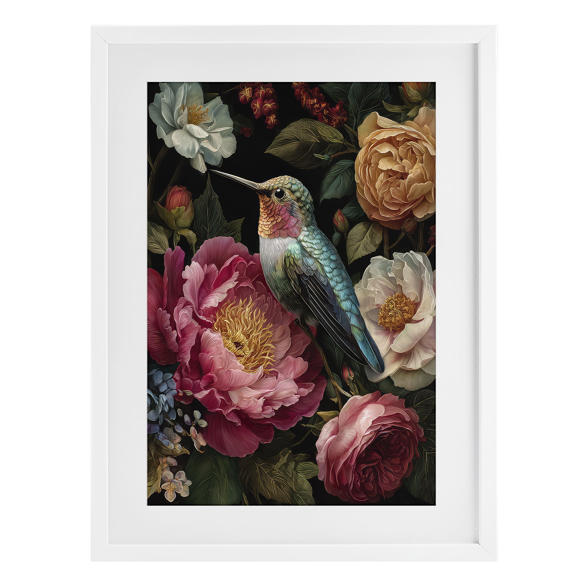 Stupell Industries Hummingbird & Lush Blooms White Framed Print Under Glass, design by The Wands Want
