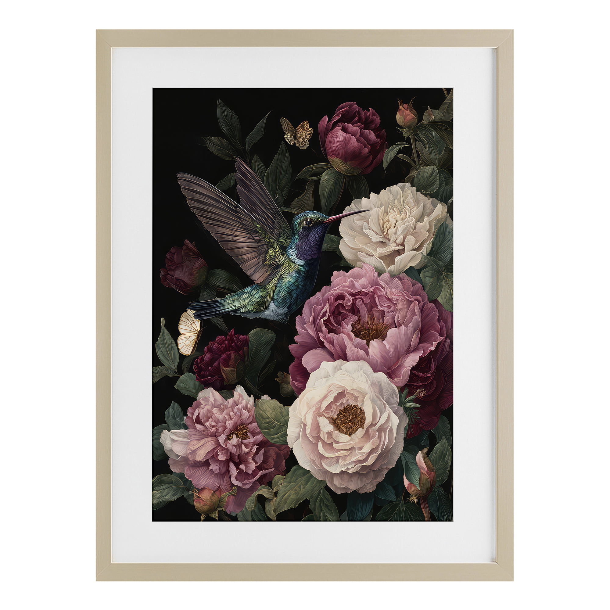 Stupell Industries Hummingbird & Lush Peonies Birch Framed Print Under Glass, design by The Wands Want