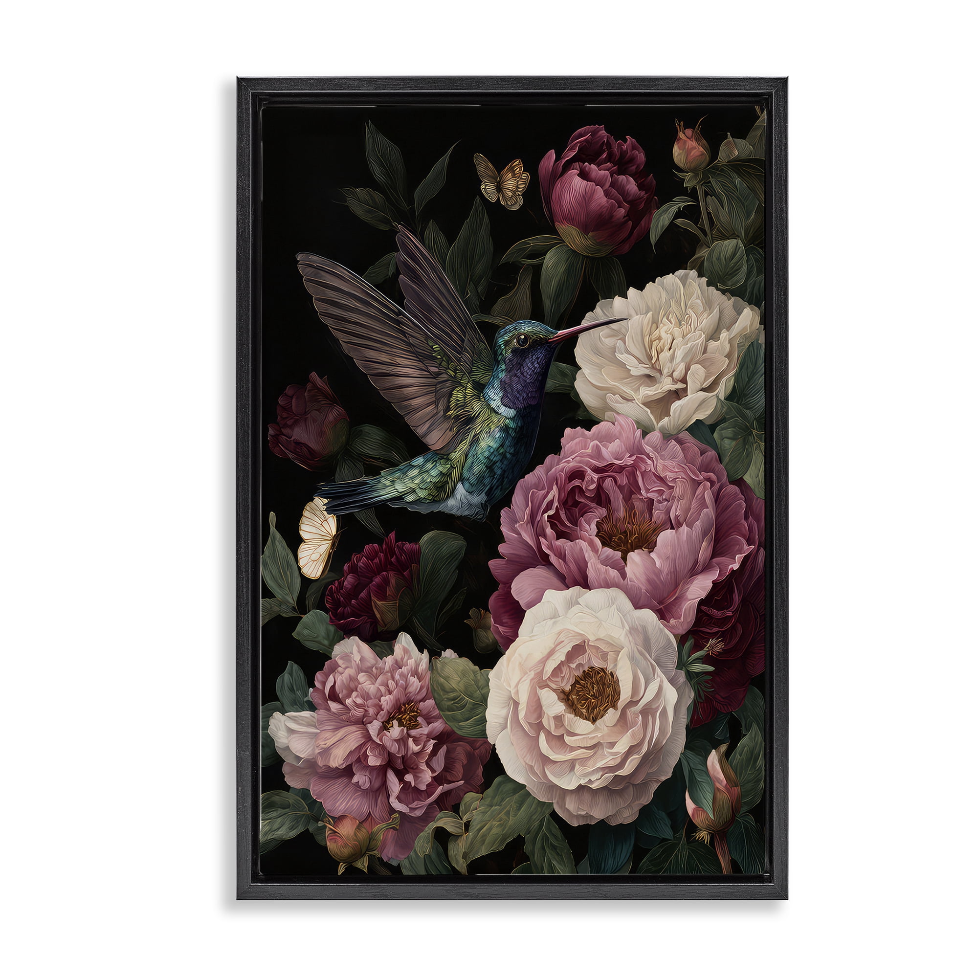 Stupell Industries Hummingbird & Lush Peonies Black Framed Floater Canvas Wall Art, design by The Wands Want