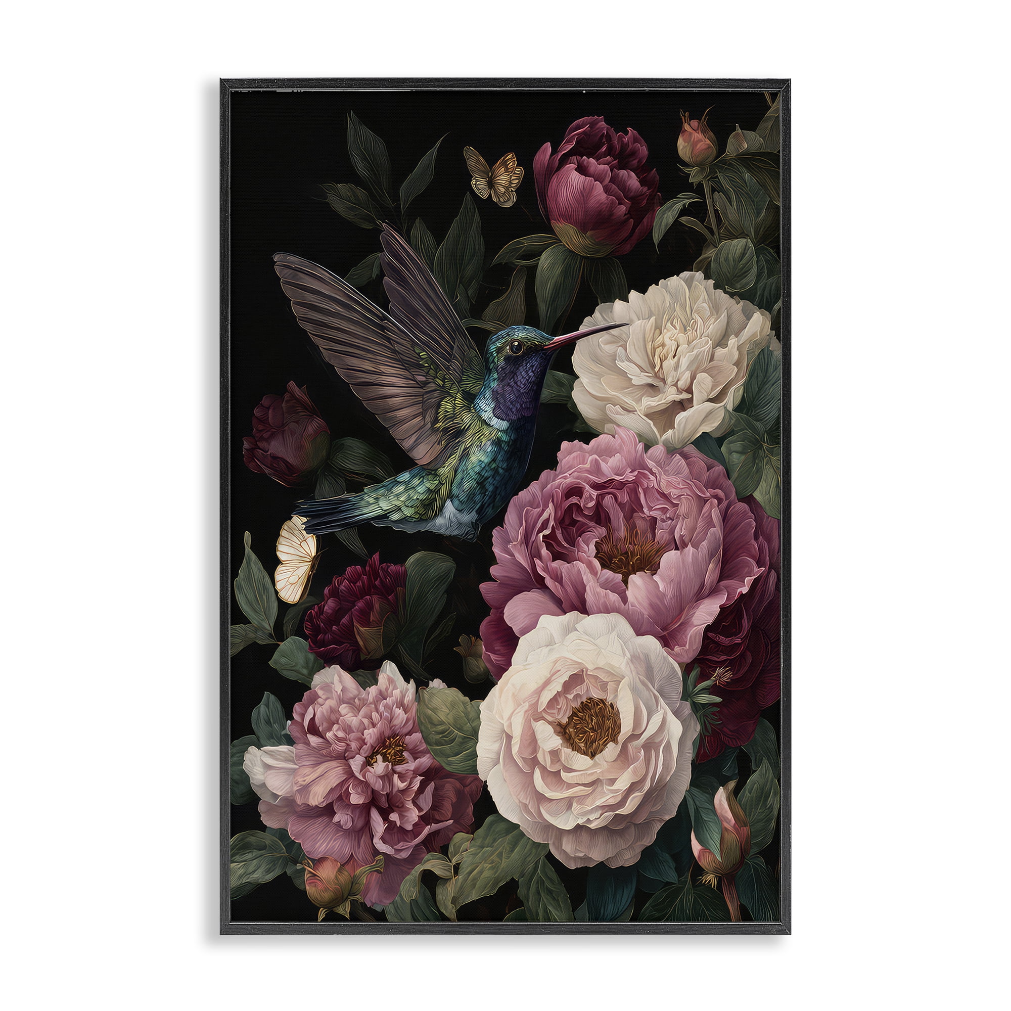 Stupell Industries Hummingbird & Lush Peonies Black Framed Giclee Art, design by The Wands Want