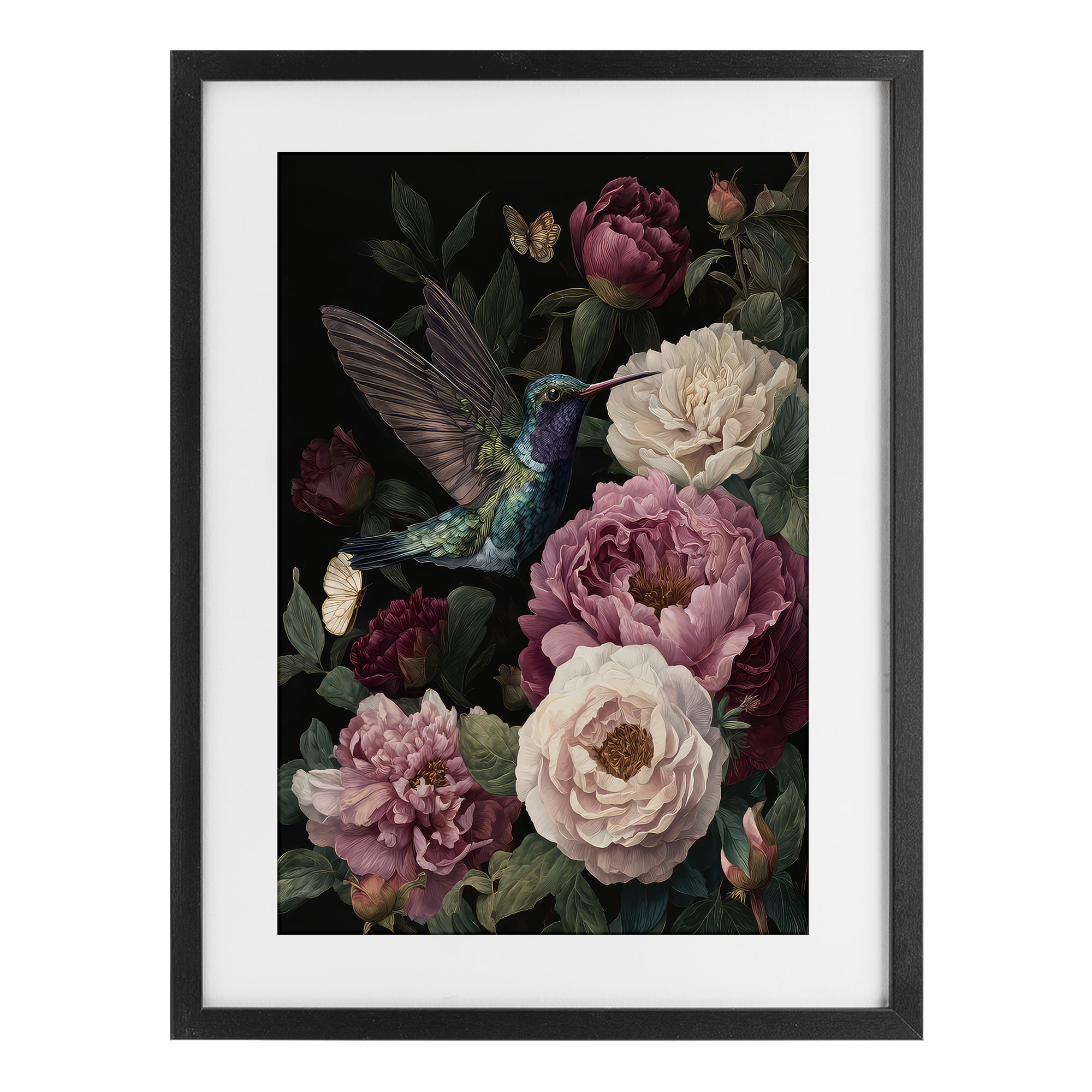 Stupell Industries Hummingbird & Lush Peonies Black Framed Print Under Glass, design by The Wands Want