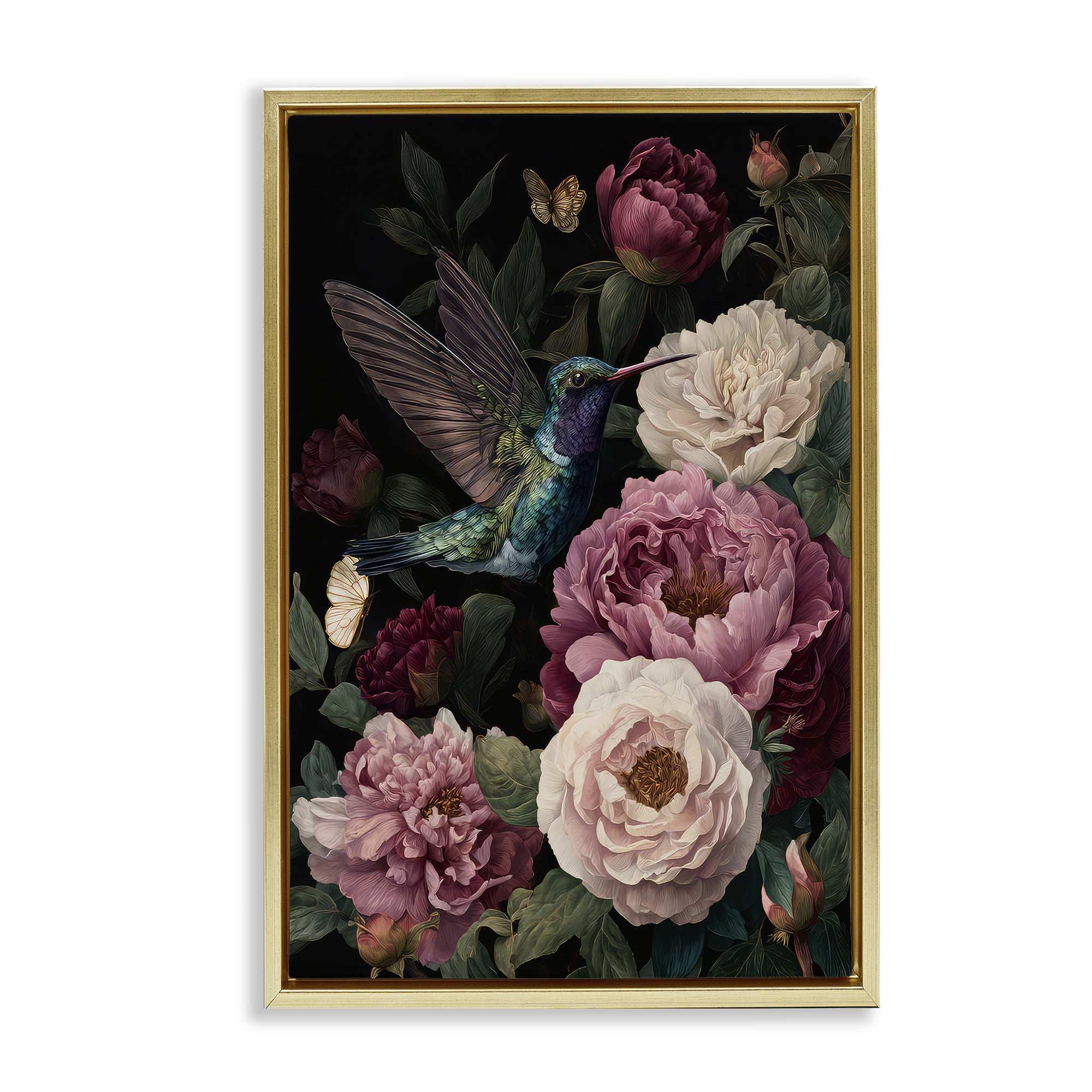Stupell Industries Hummingbird & Lush Peonies Gold Framed Floater Canvas Wall Art, design by The Wands Want
