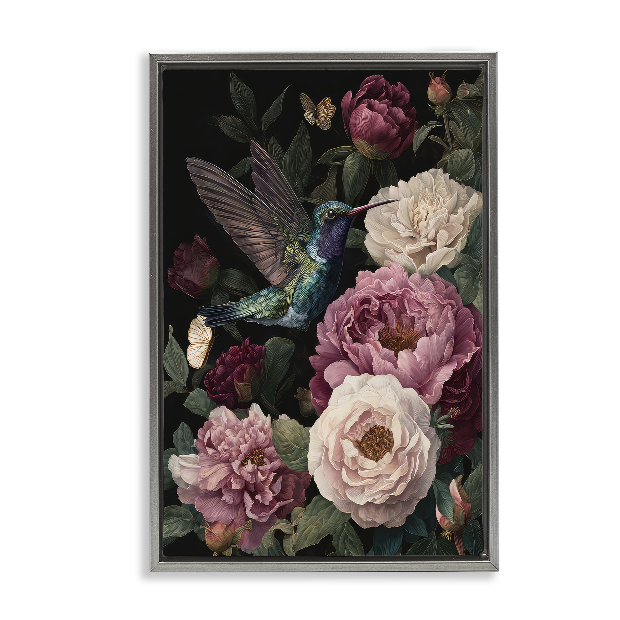 Stupell Industries Hummingbird & Lush Peonies Gray Framed Floater Canvas Wall Art, design by The Wands Want