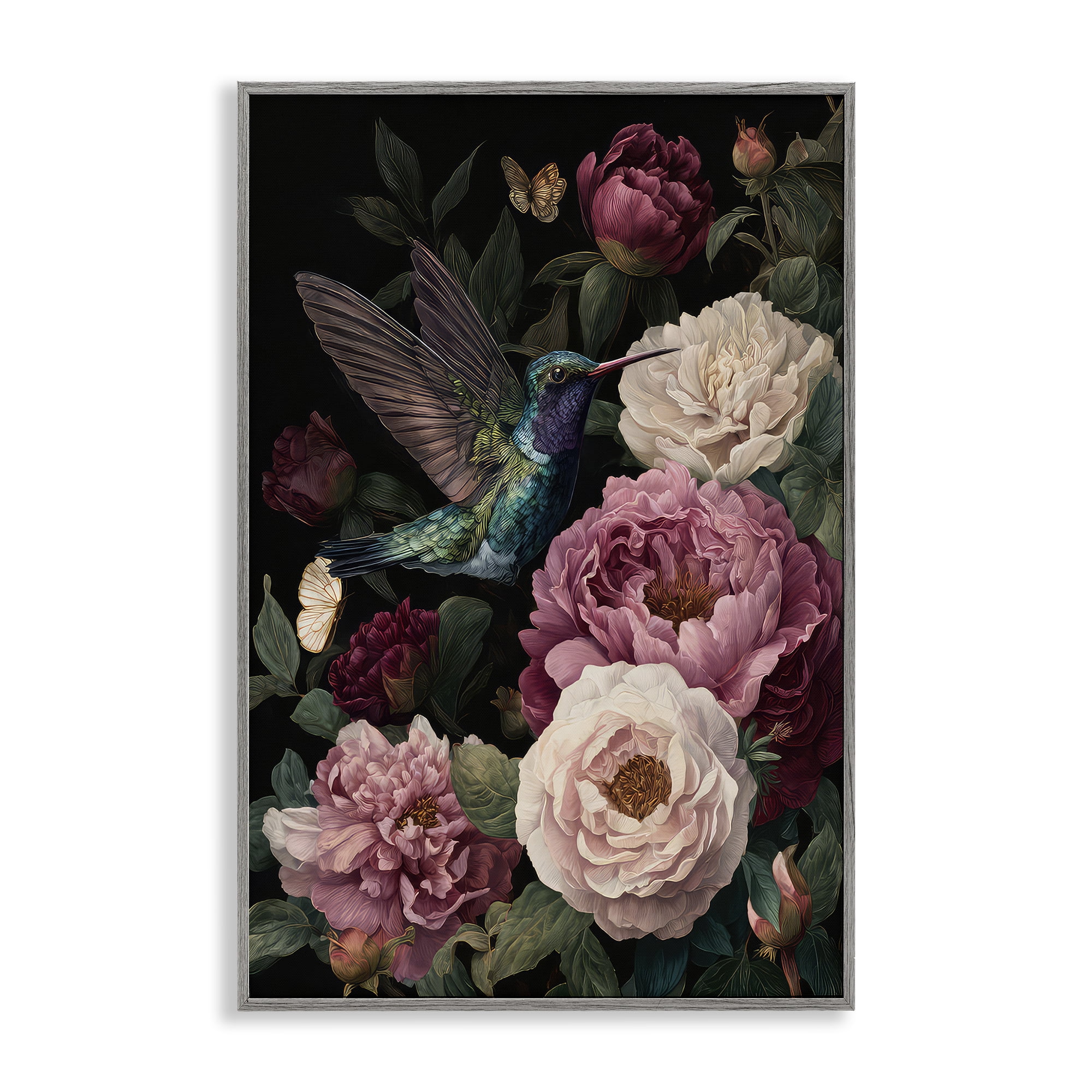Stupell Industries Hummingbird & Lush Peonies Gray Framed Giclee Art, design by The Wands Want