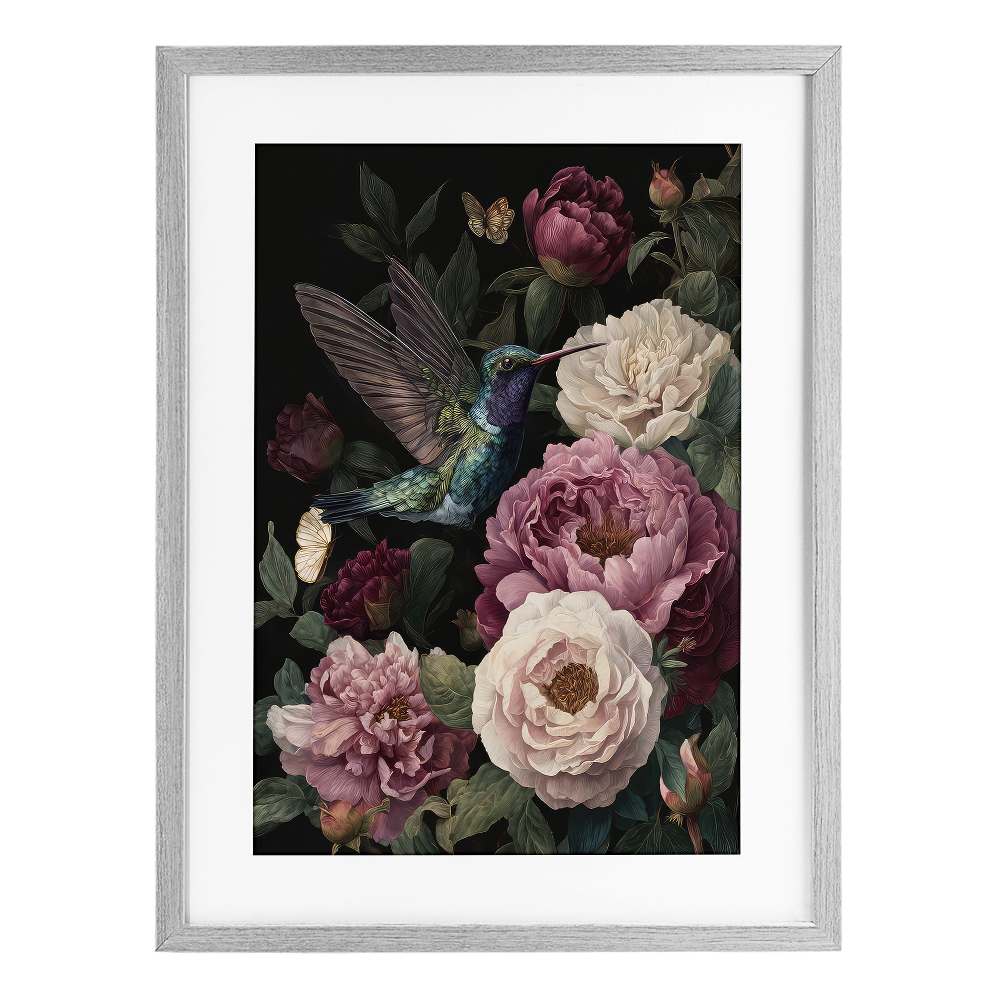 Stupell Industries Hummingbird & Lush Peonies Gray Framed Print Under Glass, design by The Wands Want