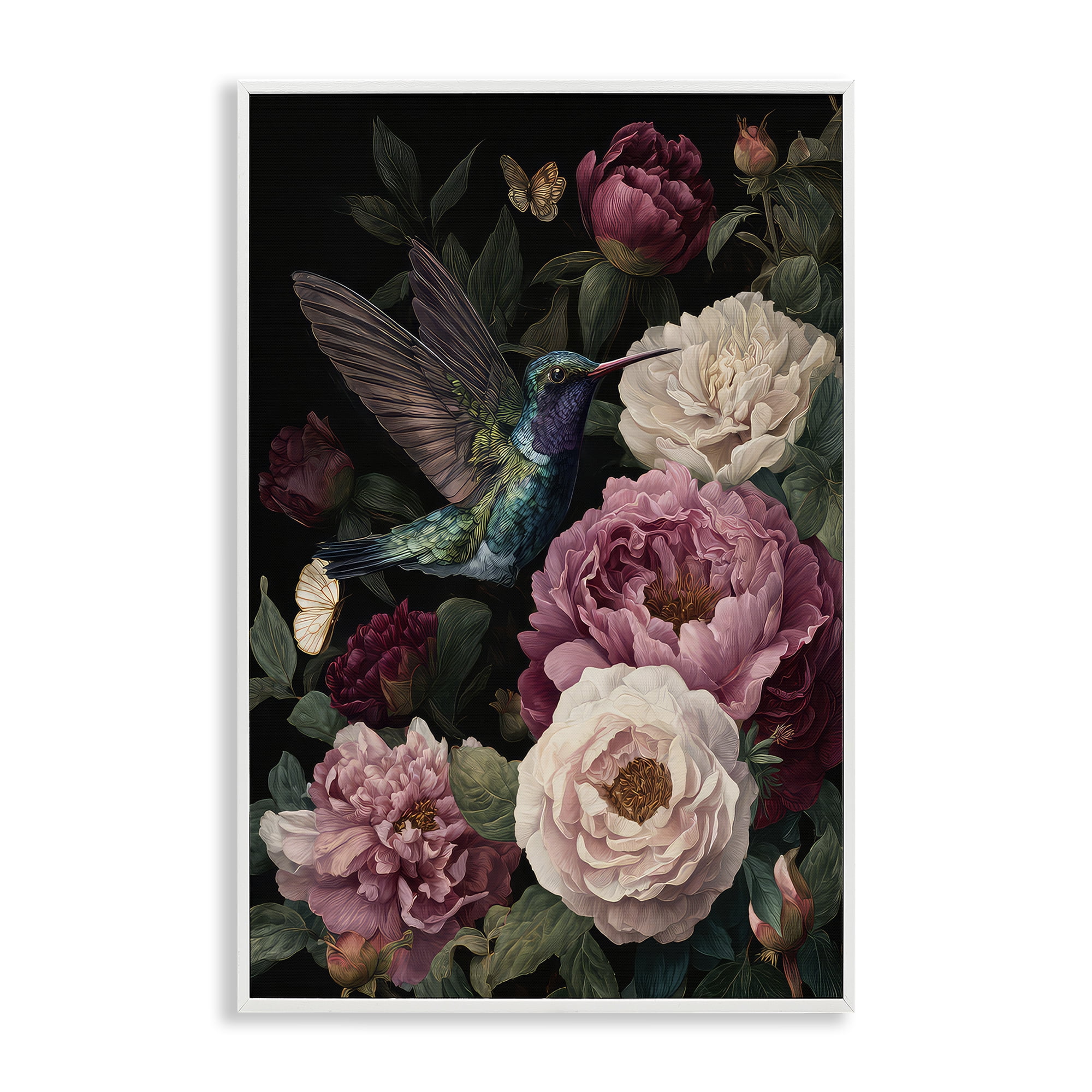 Stupell Industries Hummingbird & Lush Peonies White Framed Giclee Art, design by The Wands Want