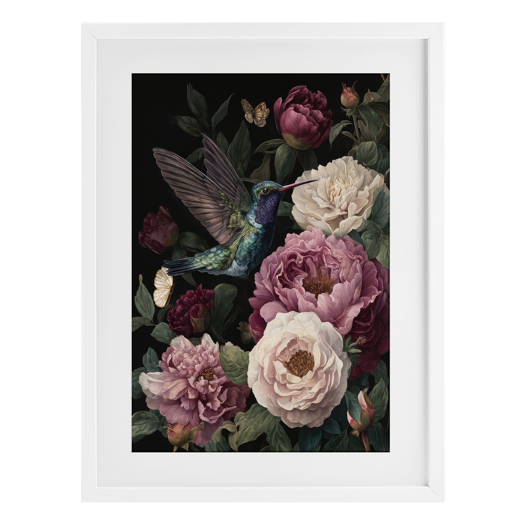 Stupell Industries Hummingbird & Lush Peonies White Framed Print Under Glass, design by The Wands Want