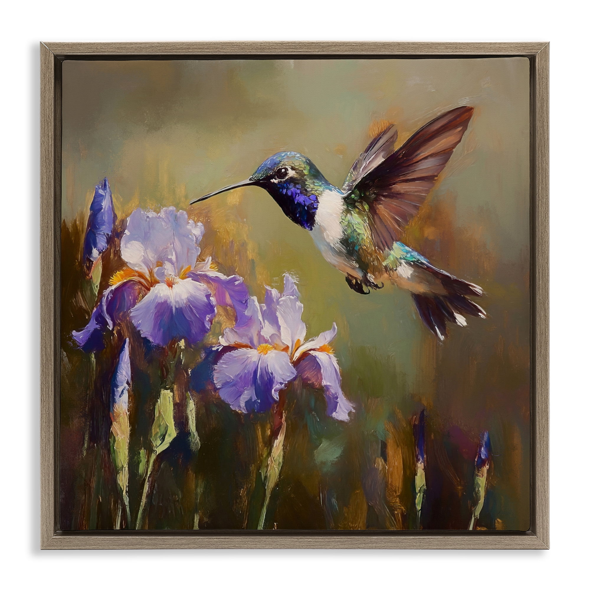 Stupell Industries Hummingbird & Purple Irises Brown Framed Floater Canvas Wall Art, design by Tina LeCour