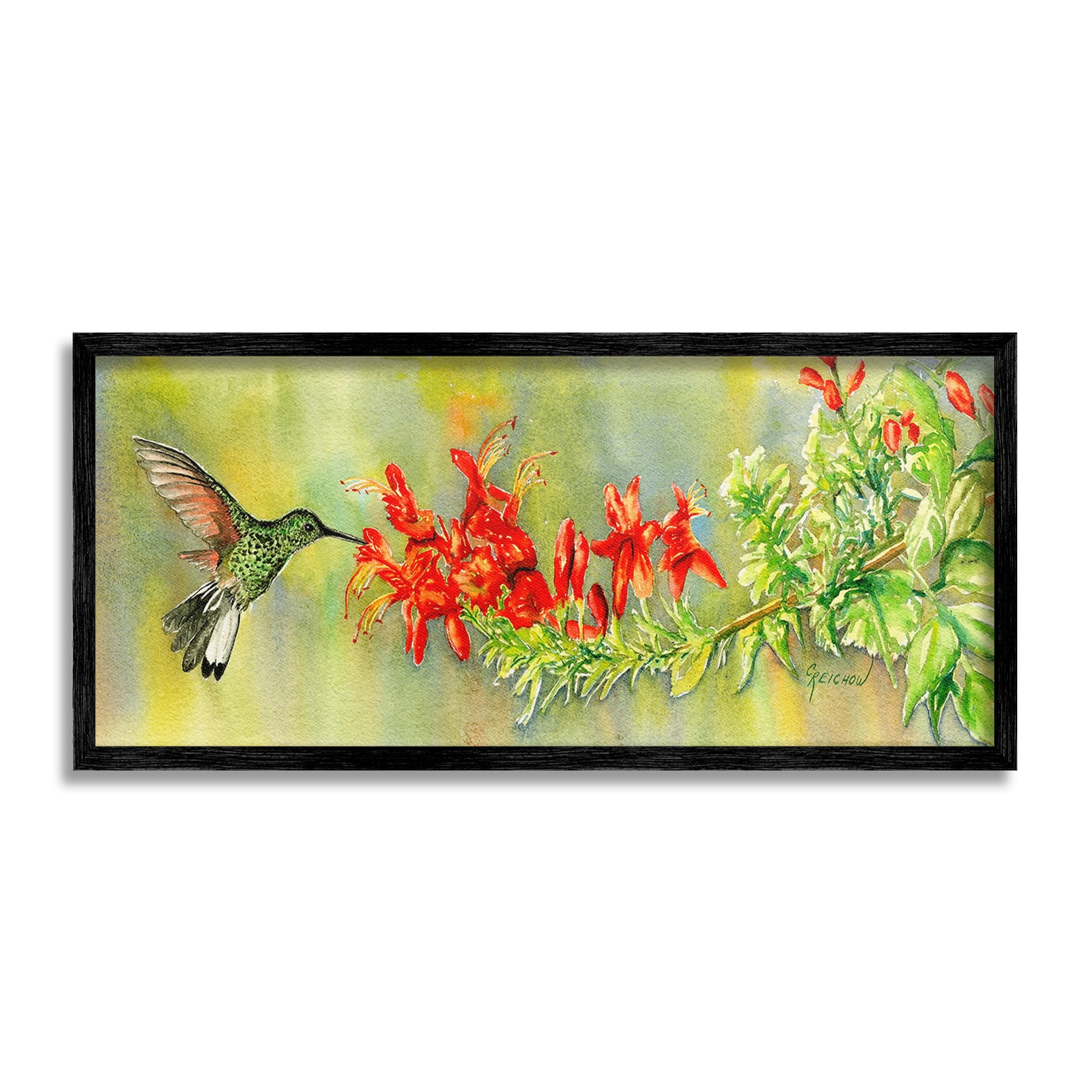 Stupell Industries Hummingbird & Red Lilies Animals & Insects Painting Black Framed Art Print Wall Art, 30 x 13