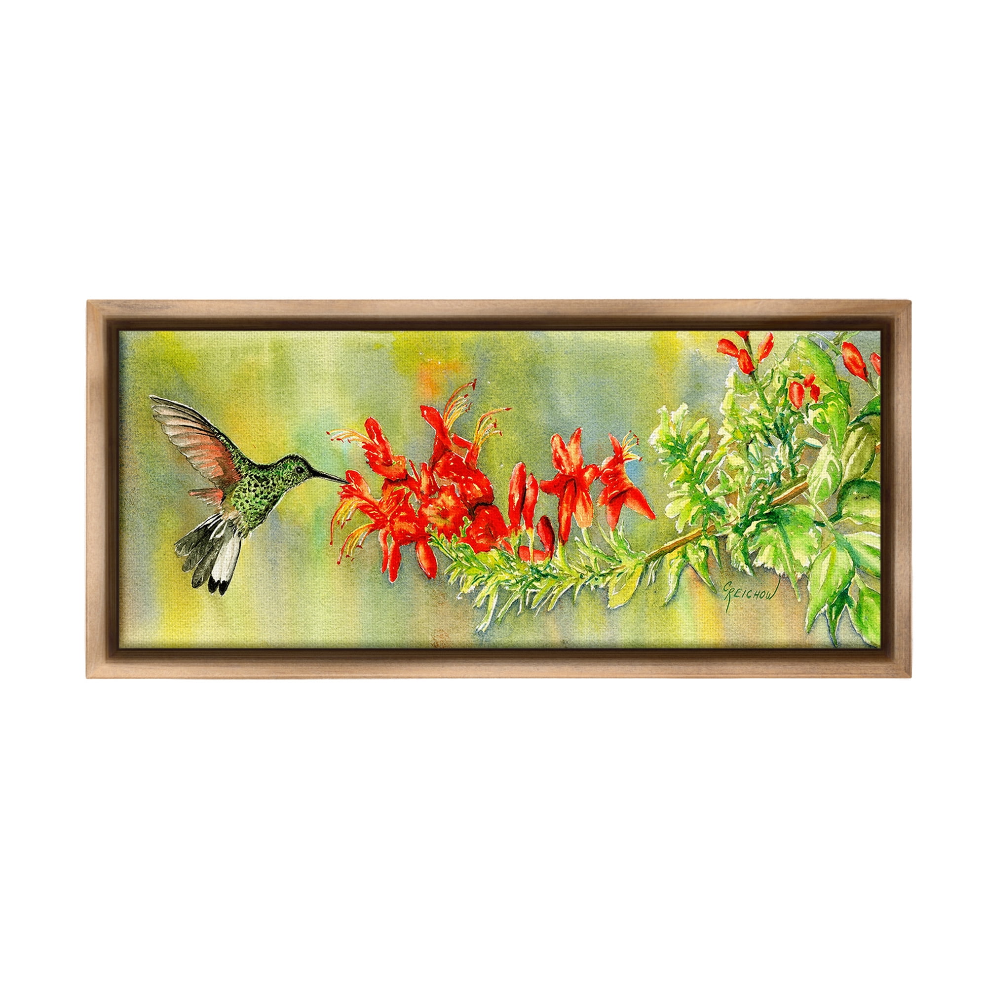 Stupell Industries Hummingbird & Red Lilies Animals & Insects Painting Brown Floater Framed Canvas Art Print Wall Art, 31 x 14