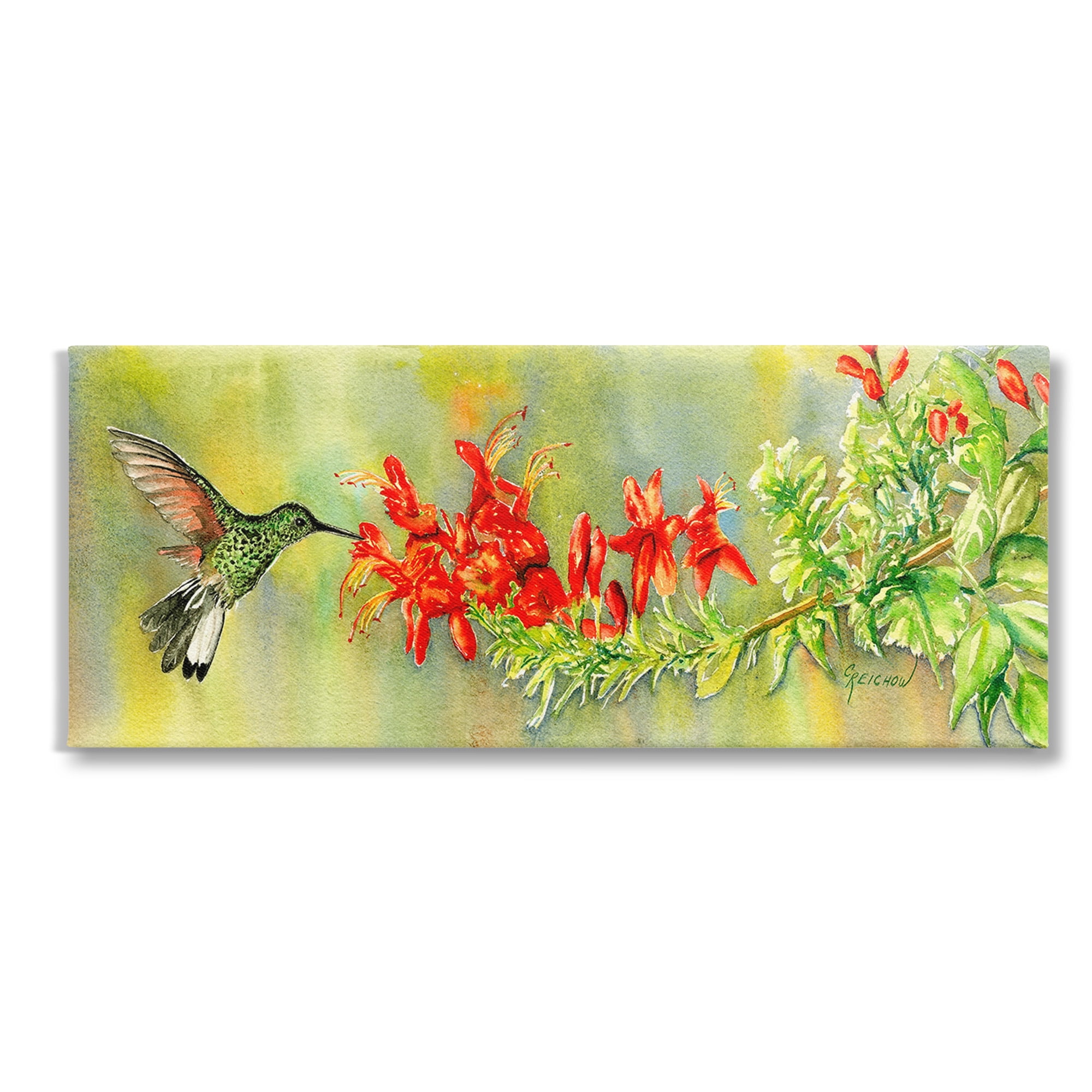 Stupell Industries Hummingbird & Red Lilies Animals & Insects Painting Gallery Wrapped Canvas Art Print Wall Art, 48 x 20
