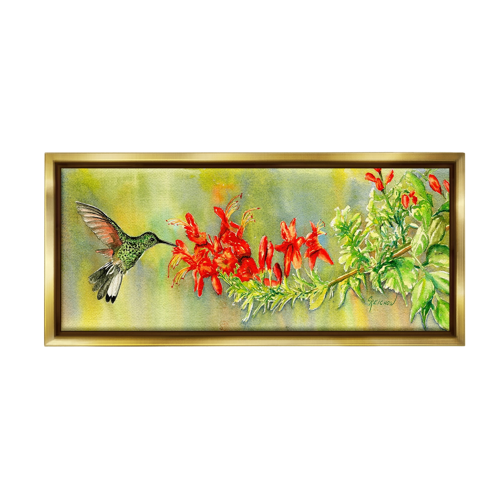 Stupell Industries Hummingbird & Red Lilies Animals & Insects Painting Gold Floater Framed Canvas Art Print Wall Art, 31 x 14
