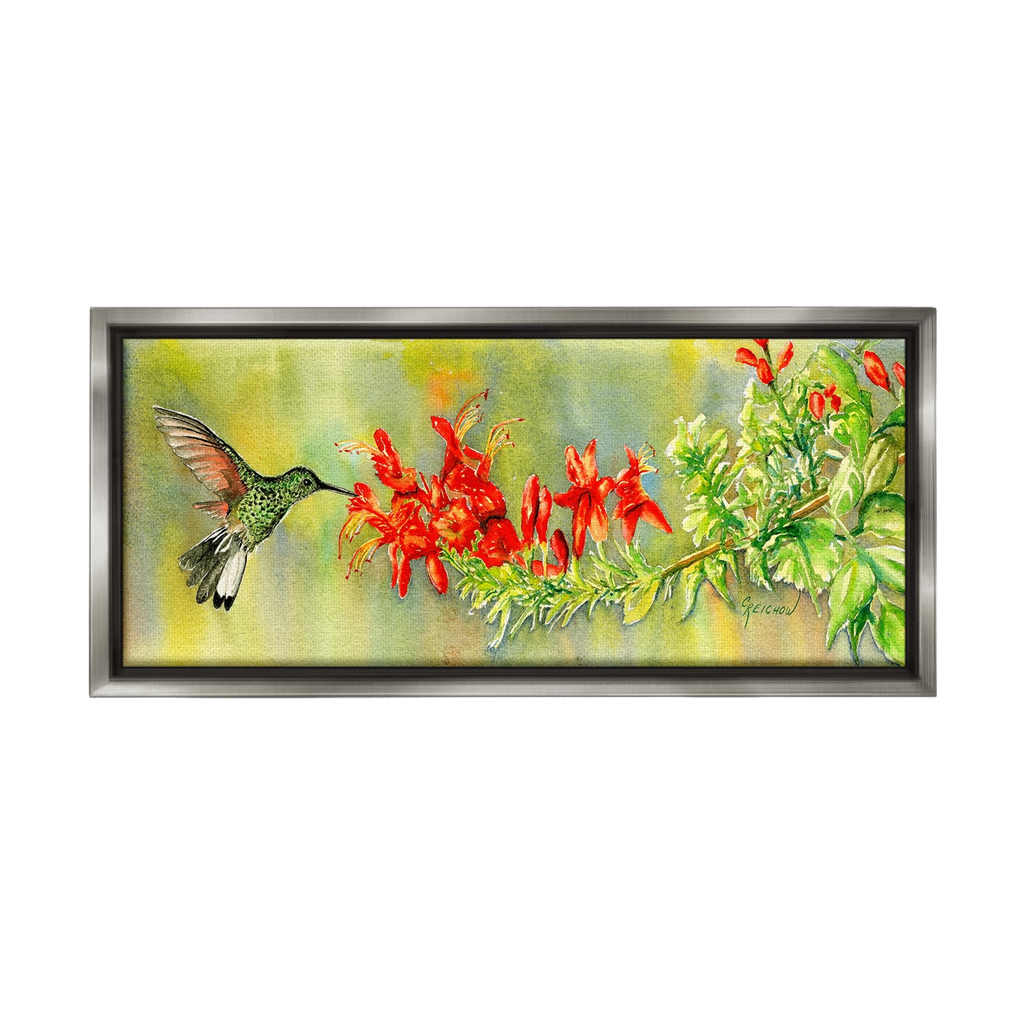 Stupell Industries Hummingbird & Red Lilies Animals & Insects Painting Gray Floater Framed Canvas Art Print Wall Art, 31 x 14