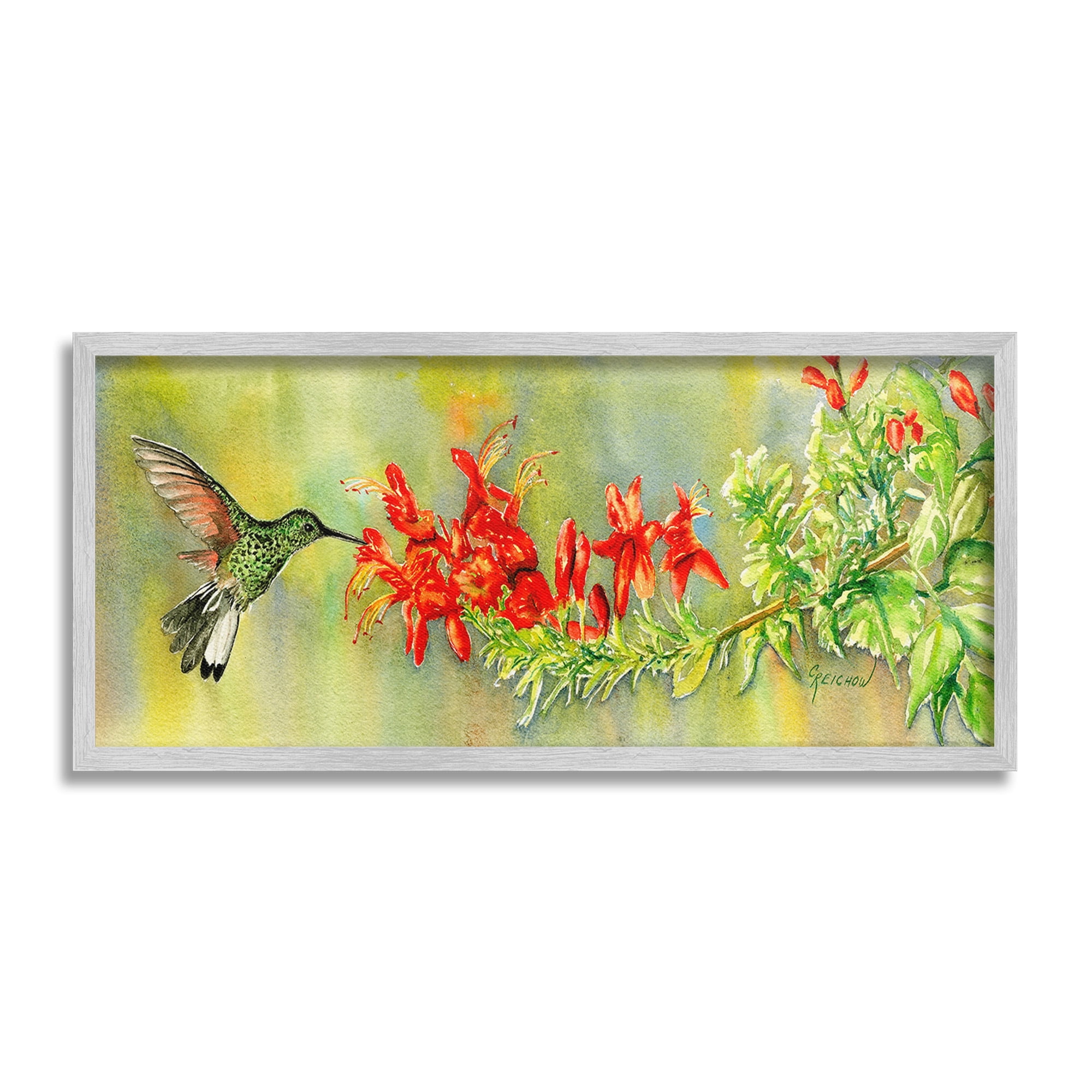 Stupell Industries Hummingbird & Red Lilies Animals & Insects Painting Gray Framed Art Print Wall Art, 30 x 13
