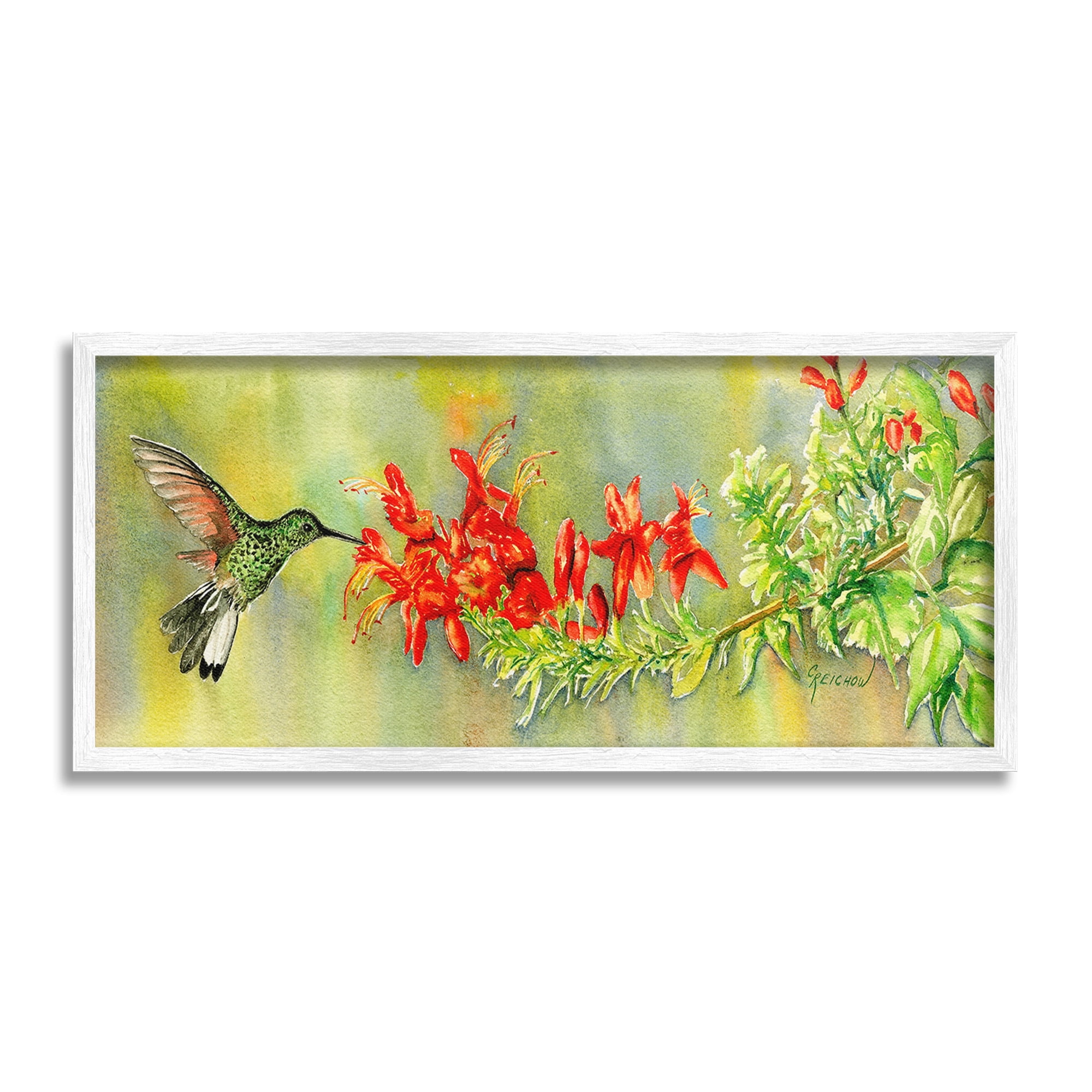 Stupell Industries Hummingbird & Red Lilies Animals & Insects Painting White Framed Art Print Wall Art, 30 x 13
