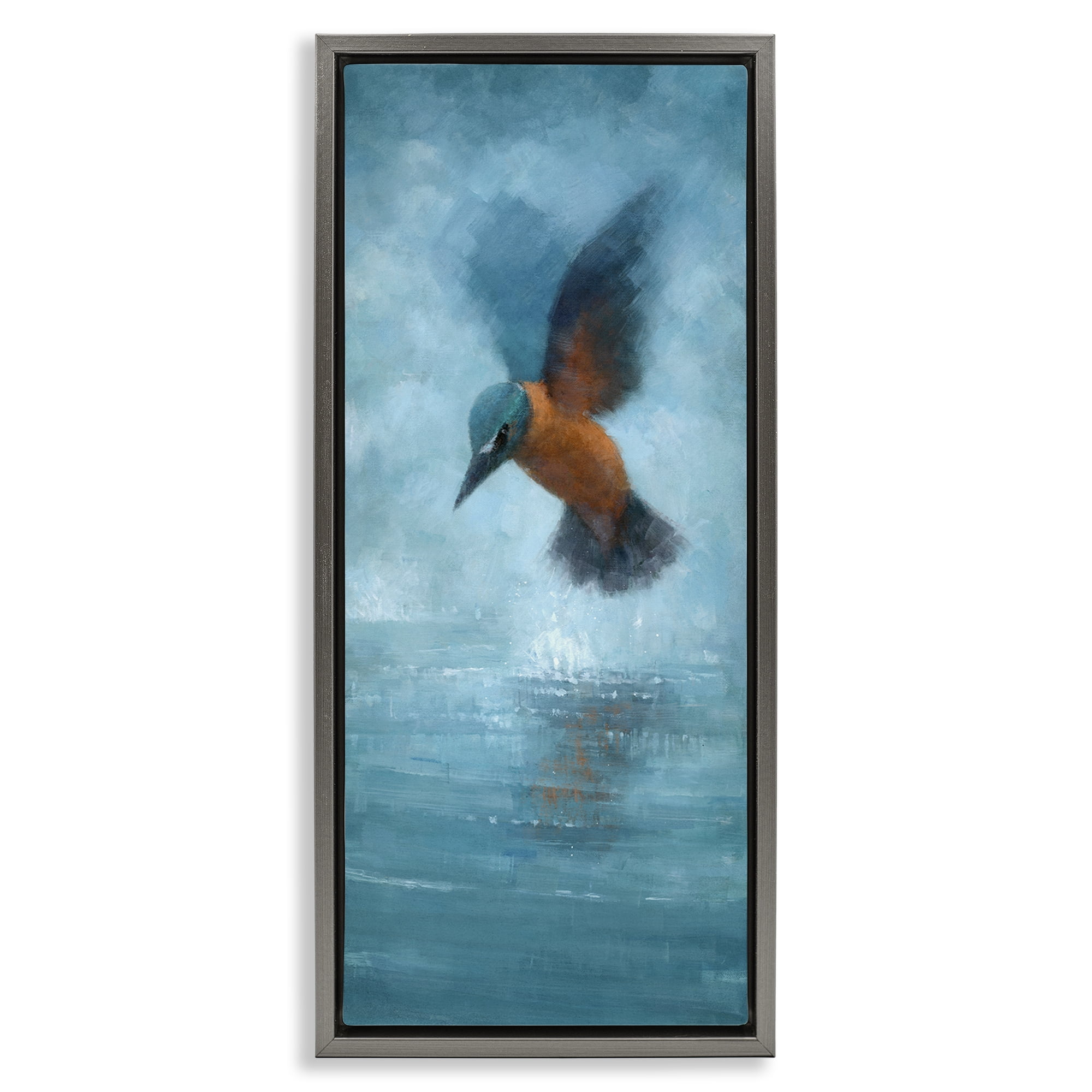 Stupell Industries Hummingbird Splashing Surface Animals Painting Gray Floater Framed Canvas Art Print Wall Art, 14 x 31
