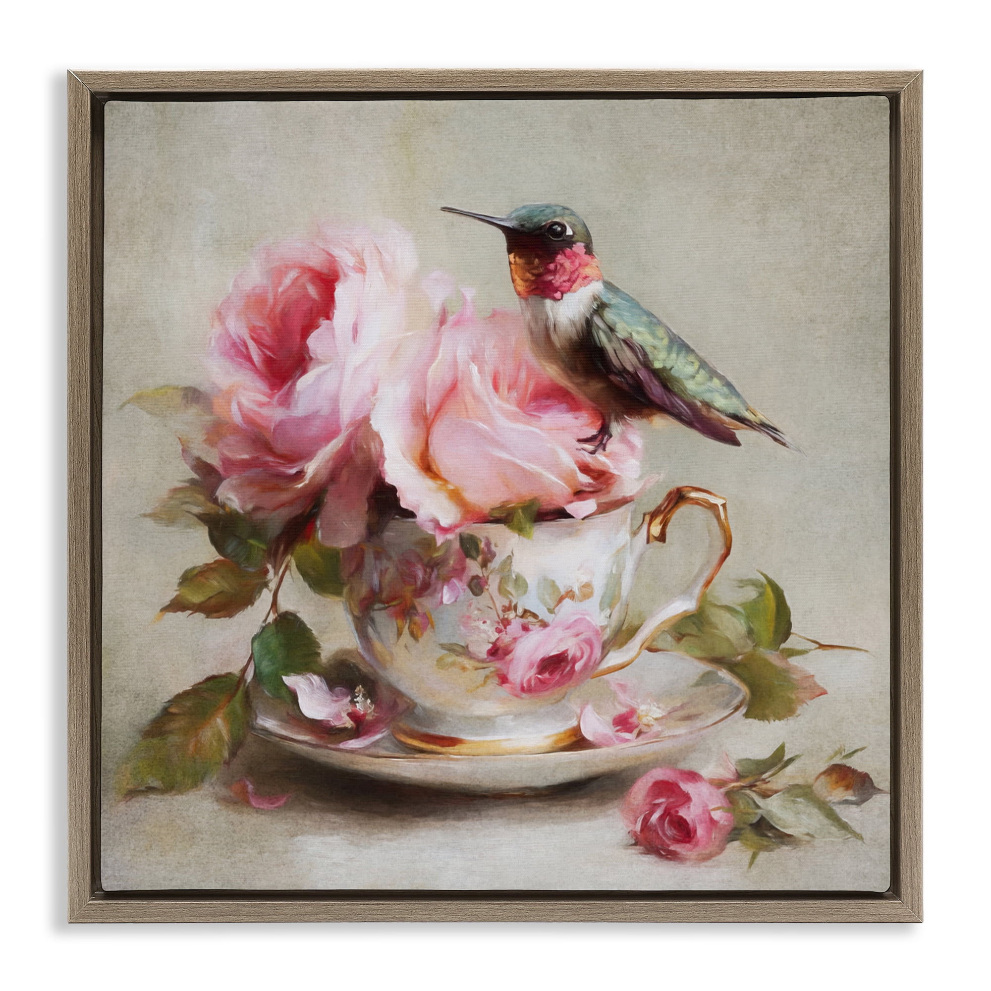 Stupell Industries Hummingbird & Tea Cup Brown Framed Floater Canvas Wall Art, design by Tina LeCour