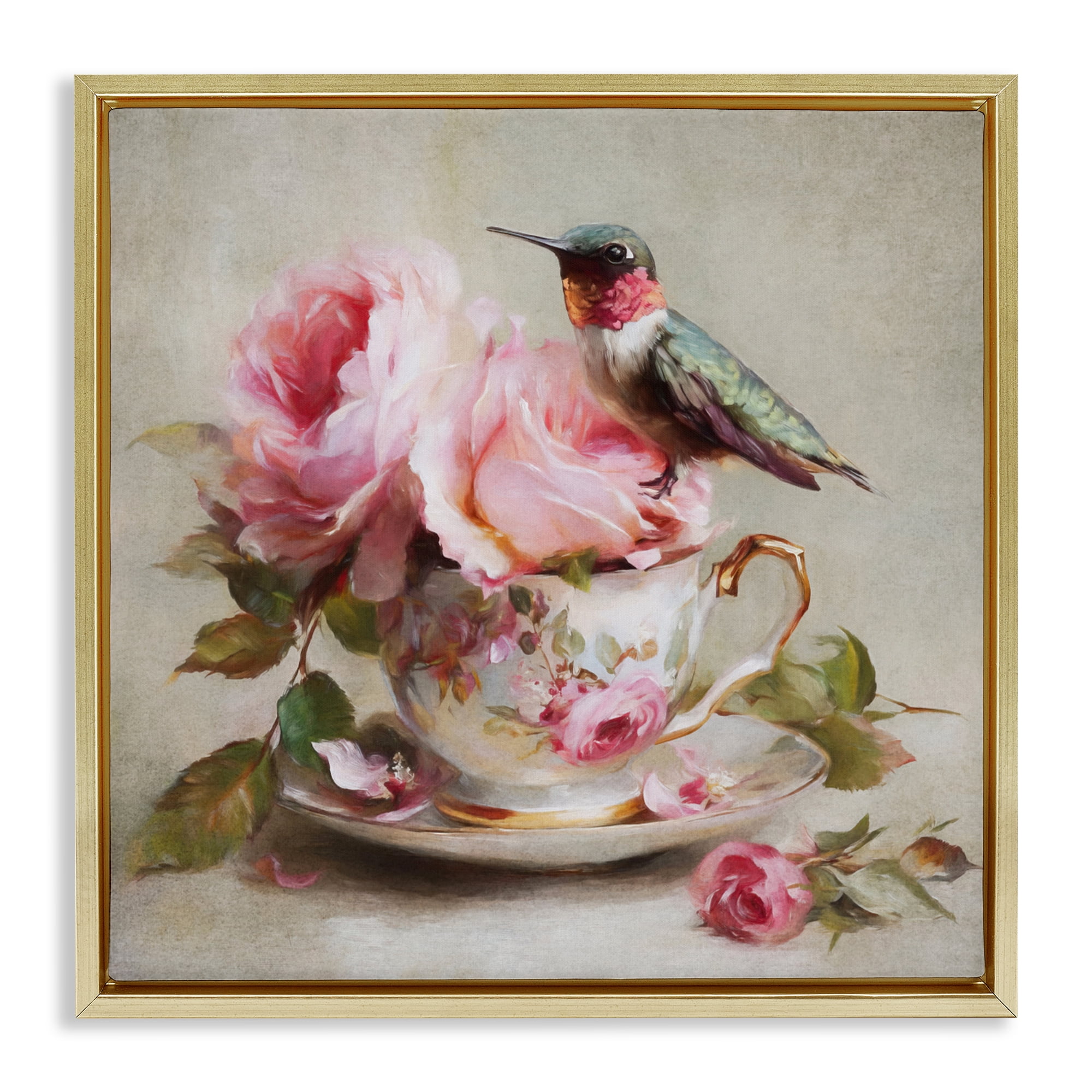 Stupell Industries Hummingbird & Tea Cup Gold Framed Floater Canvas Wall Art, design by Tina LeCour