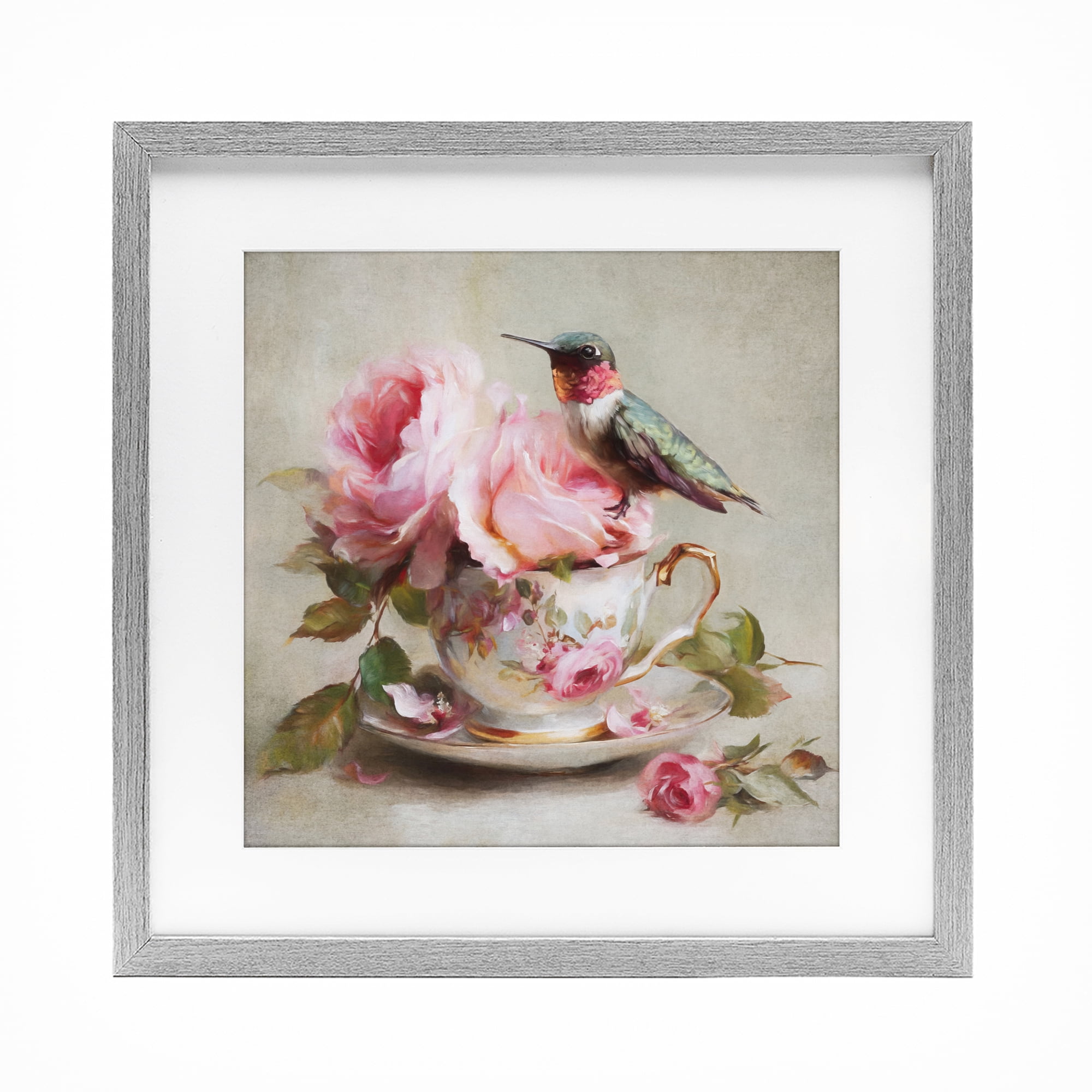 Stupell Industries Hummingbird & Tea Cup Gray Framed Print Under Glass, design by Tina LeCour
