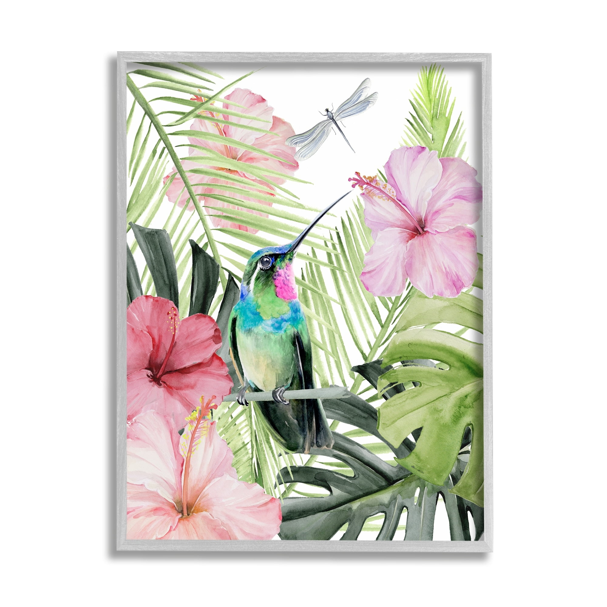 Stupell Industries Hummingbird Tropical Hibiscus Animals & Insects Painting Gray Framed Art Print Wall Art