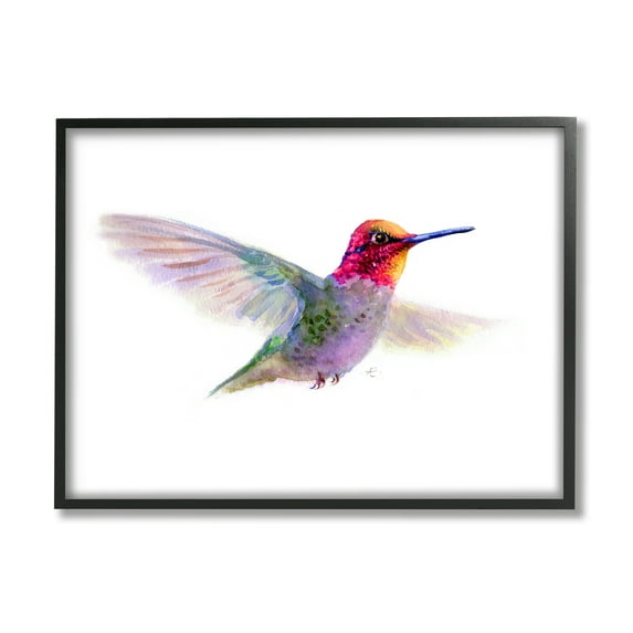Stupell Industries Hummingbird in Flight Pink Purple Bird Watercolor Animals & Insects Painting Black Framed Art Print Wall Art, 11 x 14
