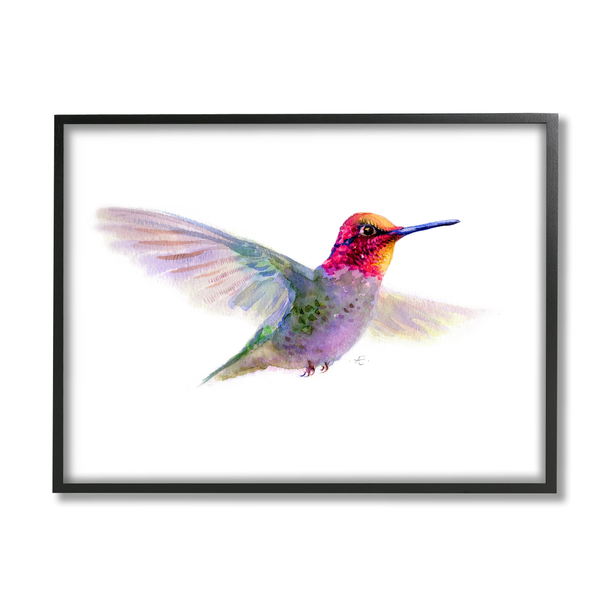 Stupell Industries Hummingbird in Flight Pink Purple Bird Watercolor Animals & Insects Painting Black Framed Art Print Wall Art, 16 x 20