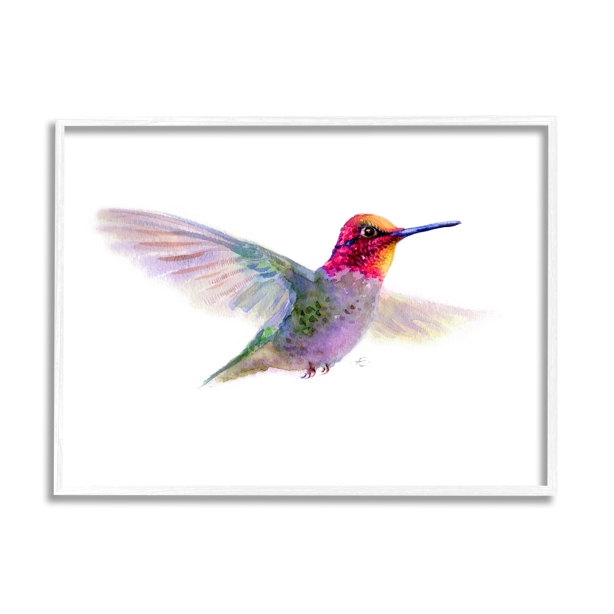 Stupell Industries Hummingbird in Flight Pink Purple Bird Watercolor Animals & Insects Painting White Framed Art Print Wall Art, 16 x 20