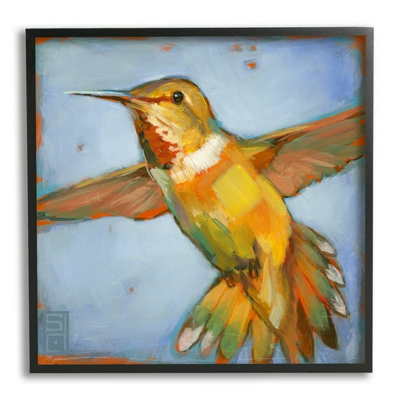 Stupell Industries Hummingbird on Blue Animals & Insects Painting Black Framed Art Print Wall Art, 17 x 17