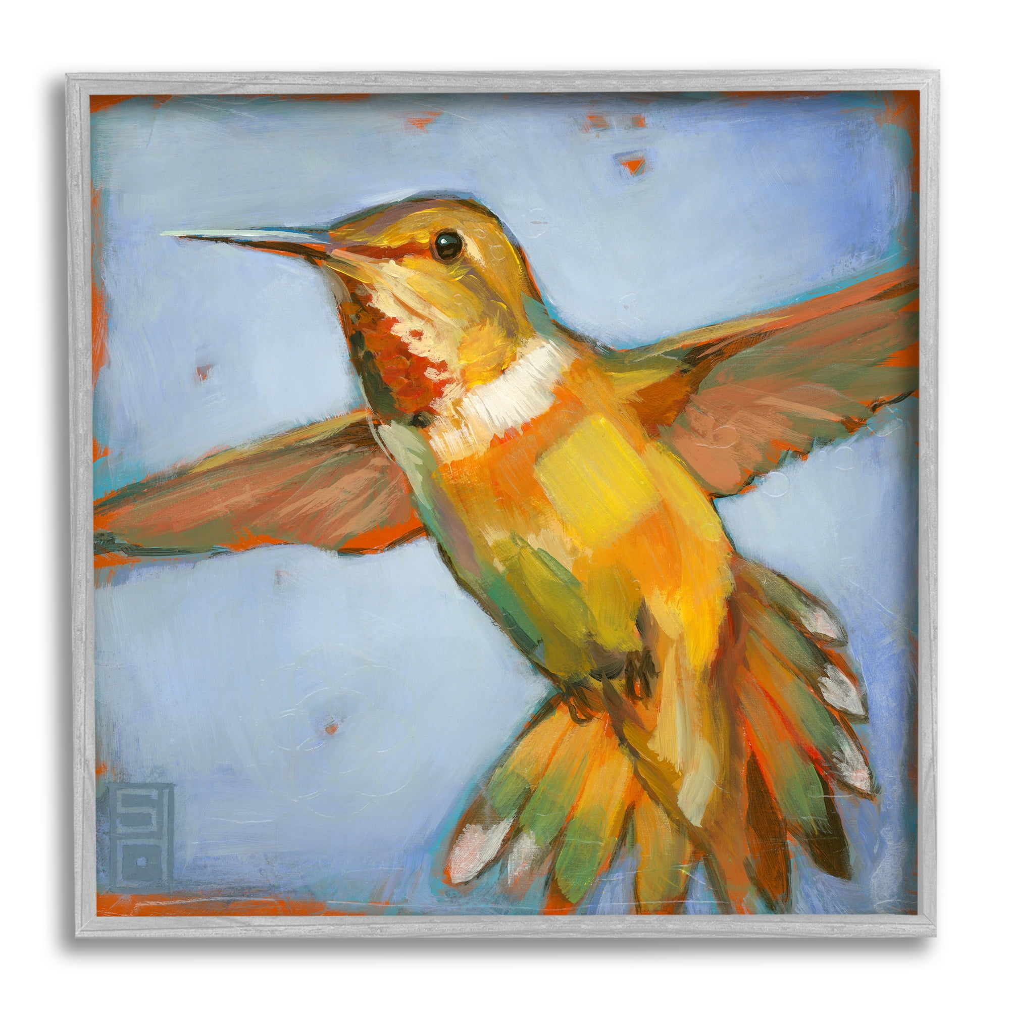 Stupell Industries Hummingbird on Blue Animals & Insects Painting Gray Framed Art Print Wall Art, 12 x 12