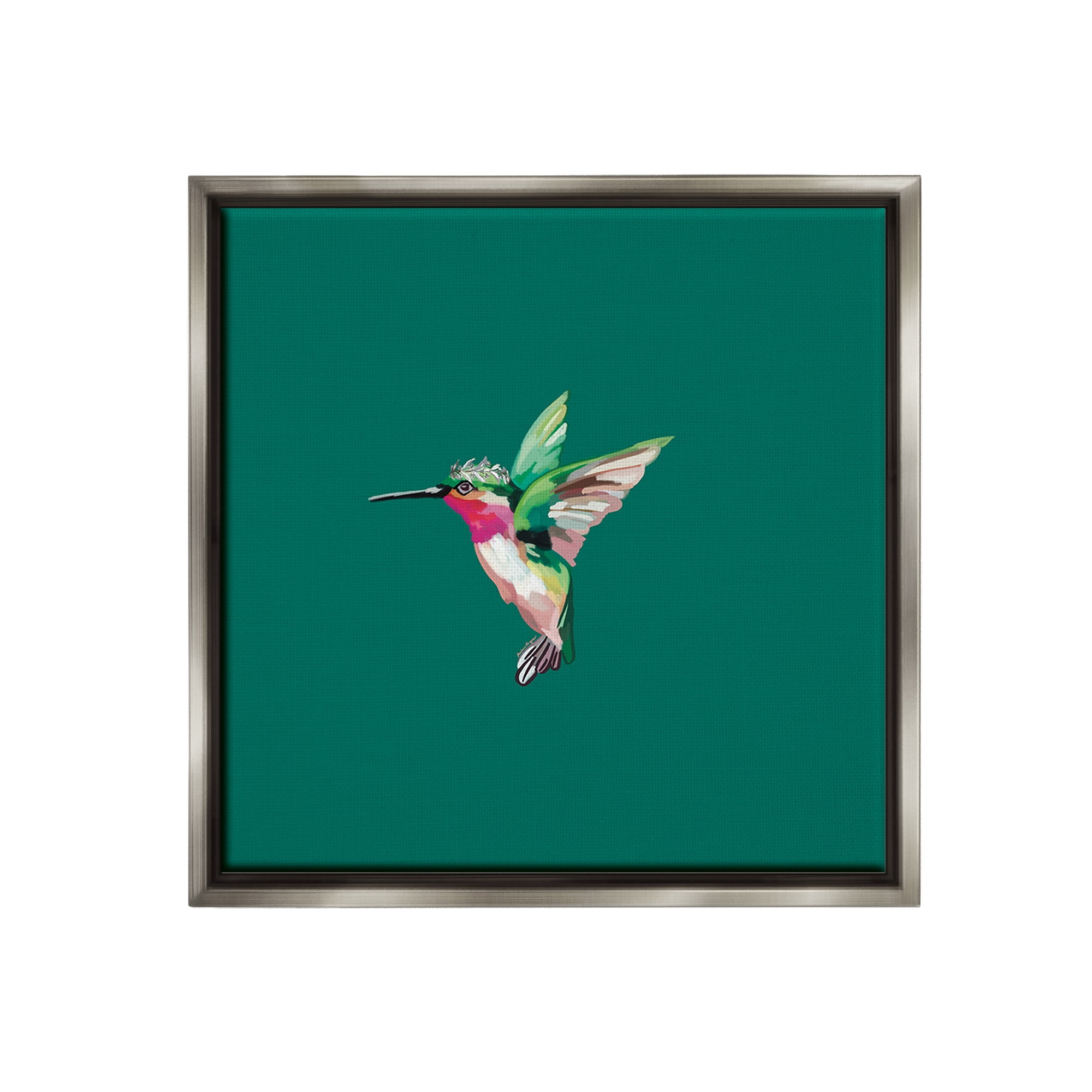 Stupell Industries Hummingbird with Tiara Animals & Insects Painting Gray Floater Framed Canvas Art Print Wall Art, 18 x 18