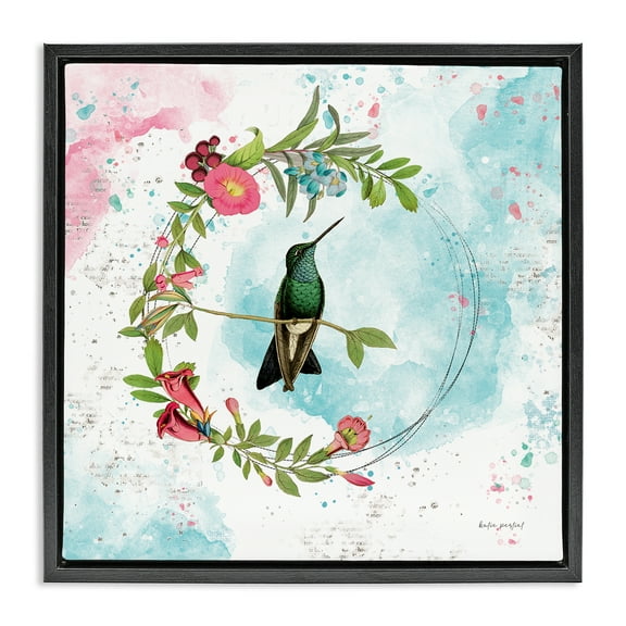 Stupell Industries Hummingbird within Wreath Animals Painting Black Floater Framed Canvas Art Print Wall Art, 18 x 18
