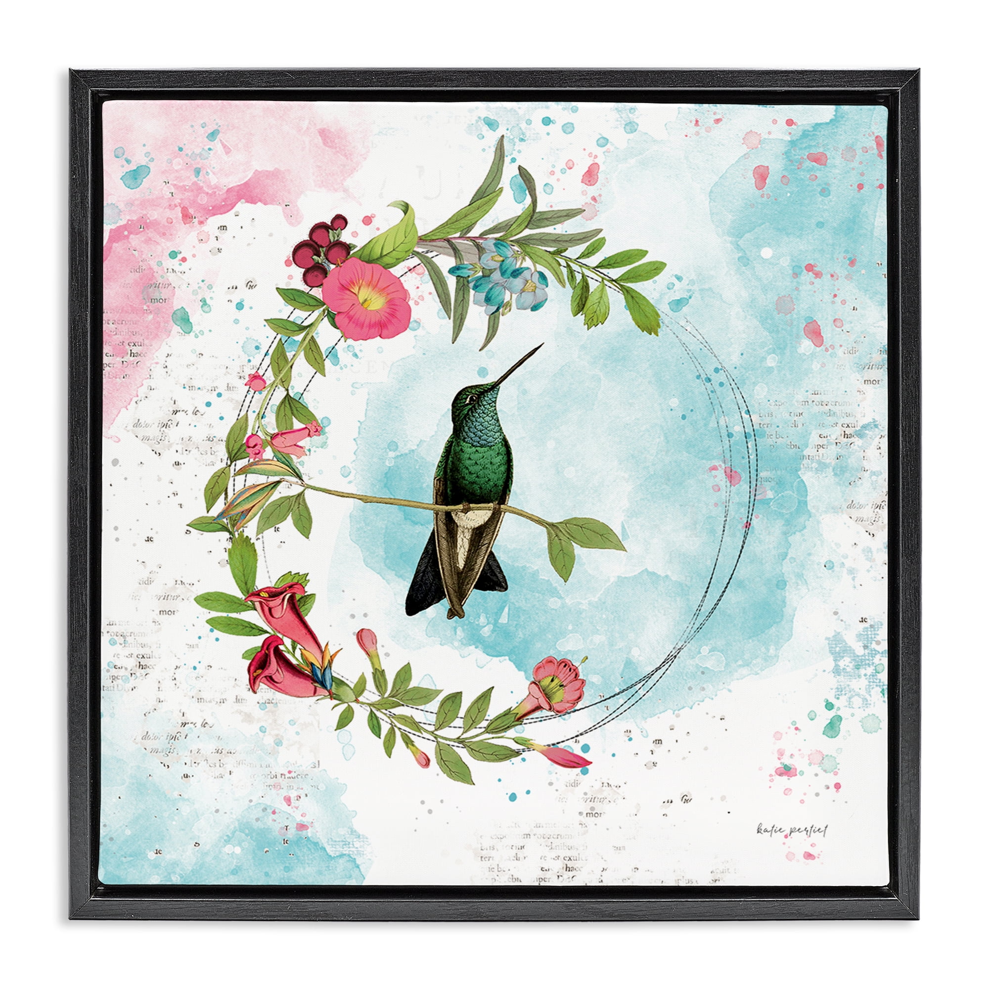 Stupell Industries Hummingbird within Wreath Animals Painting Black Floater Framed Canvas Art Print Wall Art, 25 x 25