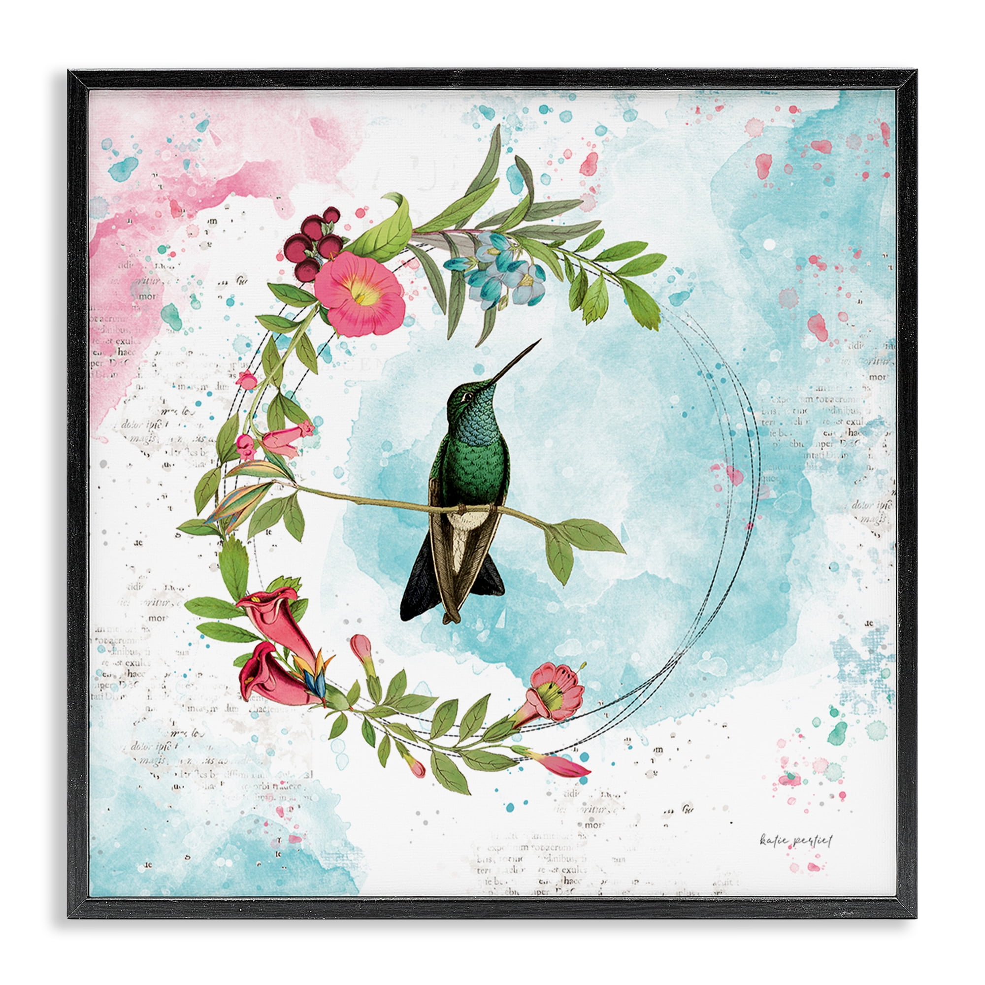 Stupell Industries Hummingbird within Wreath Animals Painting Black Framed Art Print Wall Art, 17 x 17