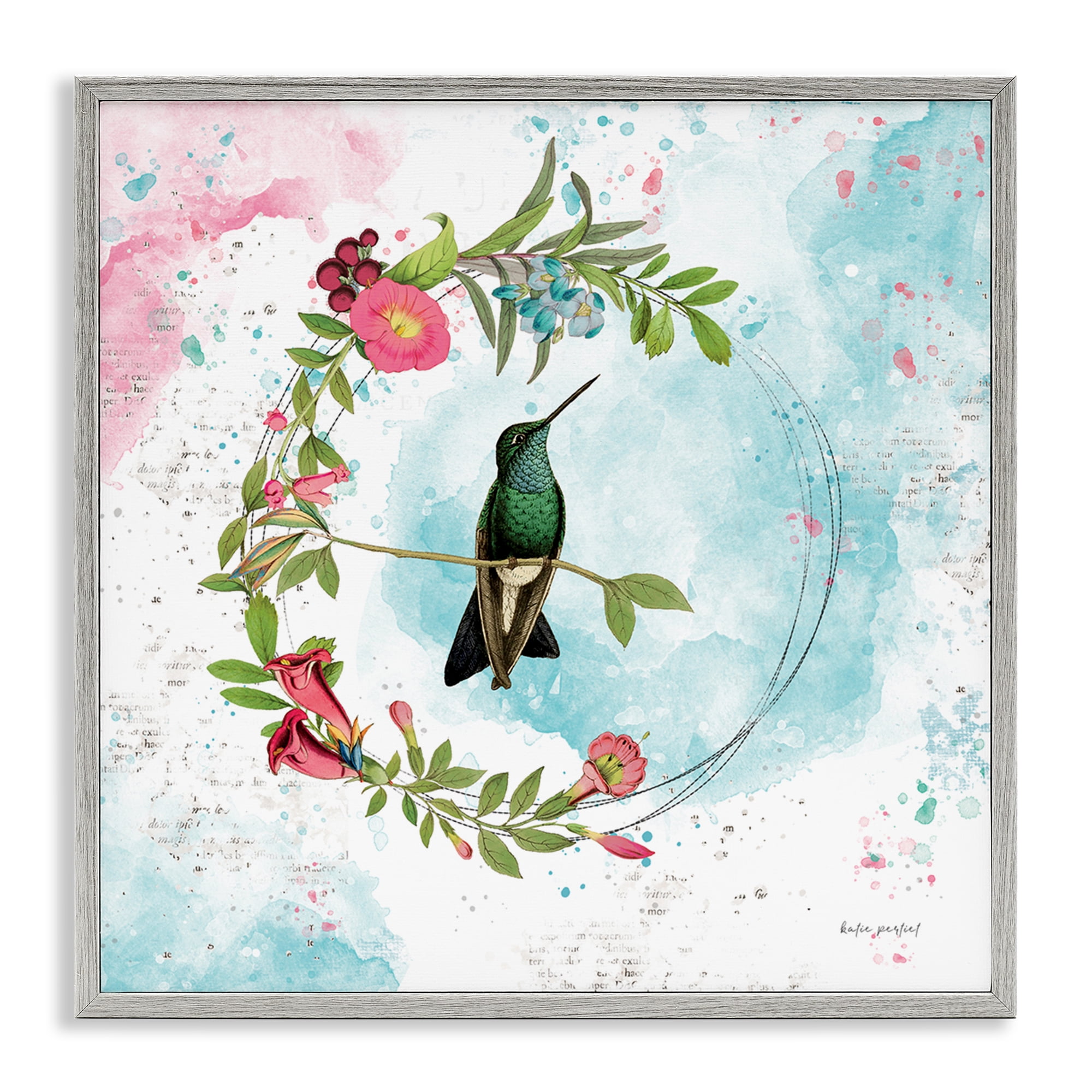 Stupell Industries Hummingbird within Wreath Animals Painting Gray Framed Art Print Wall Art, 17 x 17
