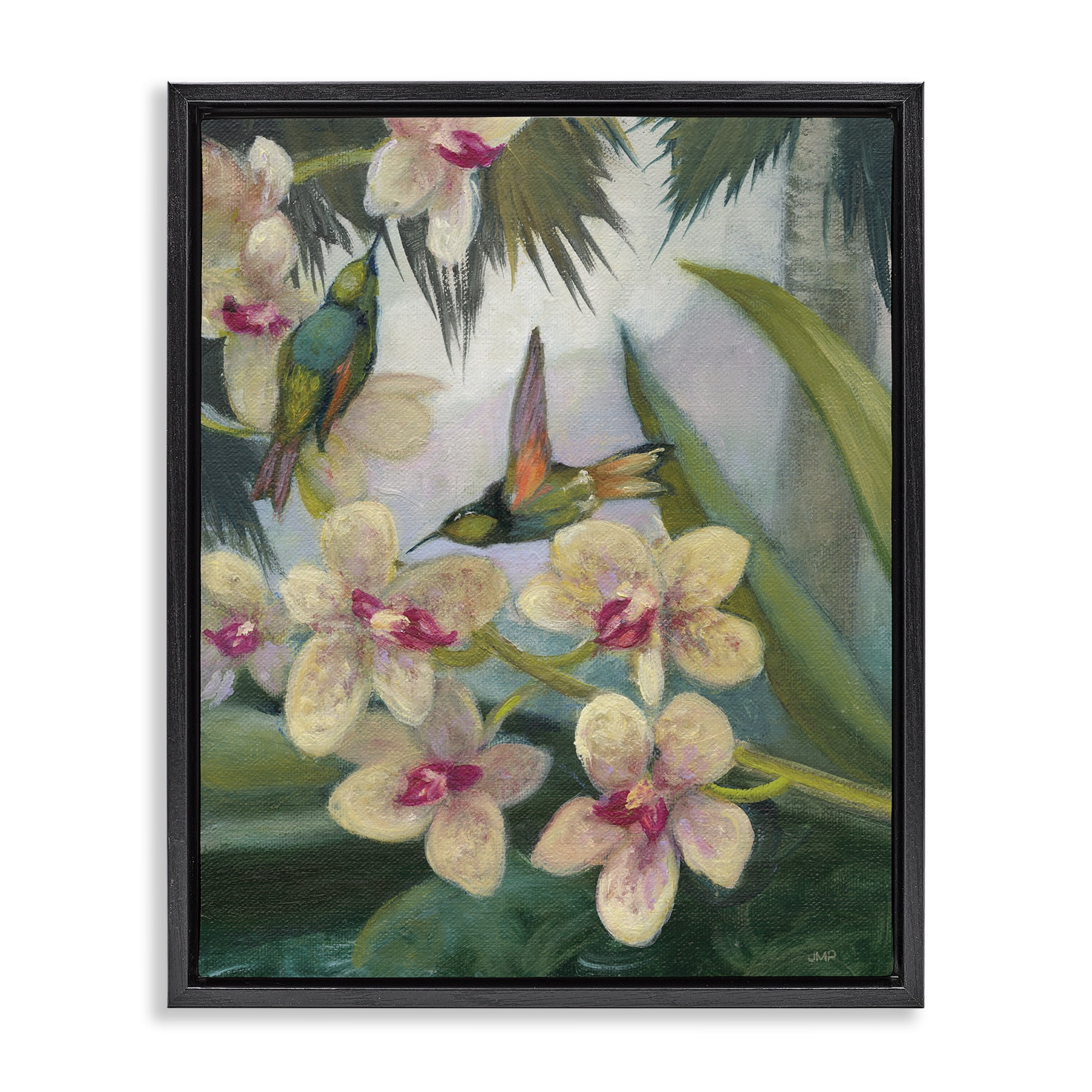 Stupell Industries Hummingbirds Among Blossoms Landscape Painting Black Floater Framed Canvas Art Print Wall Art, 17 x 21