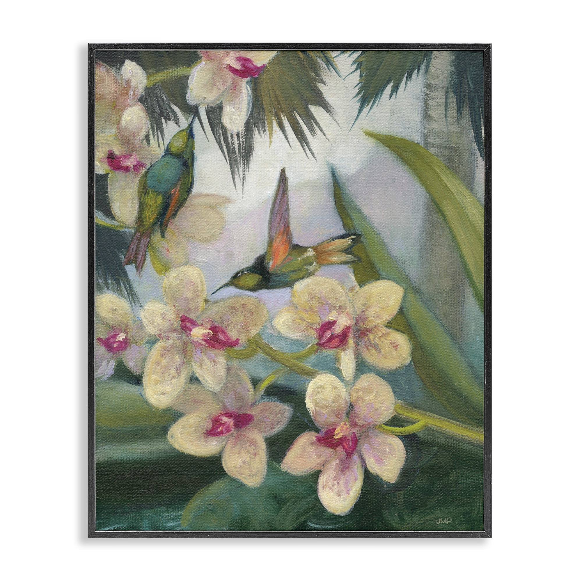 Stupell Industries Hummingbirds Among Blossoms Landscape Painting Black Framed Art Print Wall Art, 11 x 14