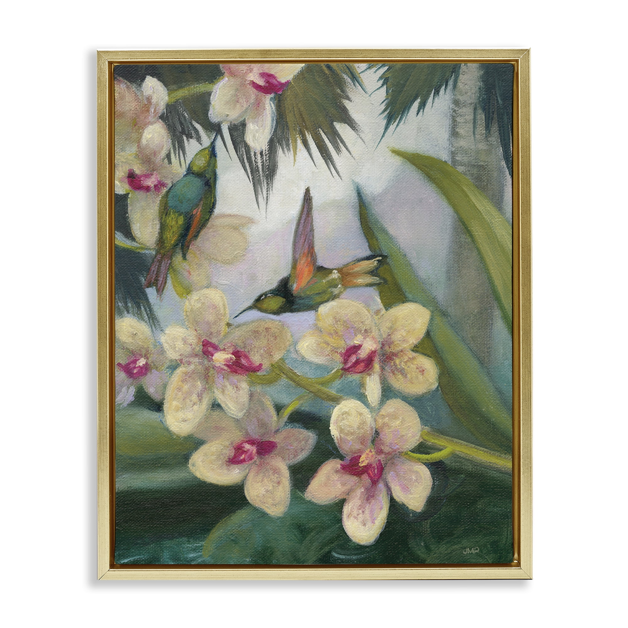 Stupell Industries Hummingbirds Among Blossoms Landscape Painting Gold Floater Framed Canvas Art Print Wall Art, 17 x 21