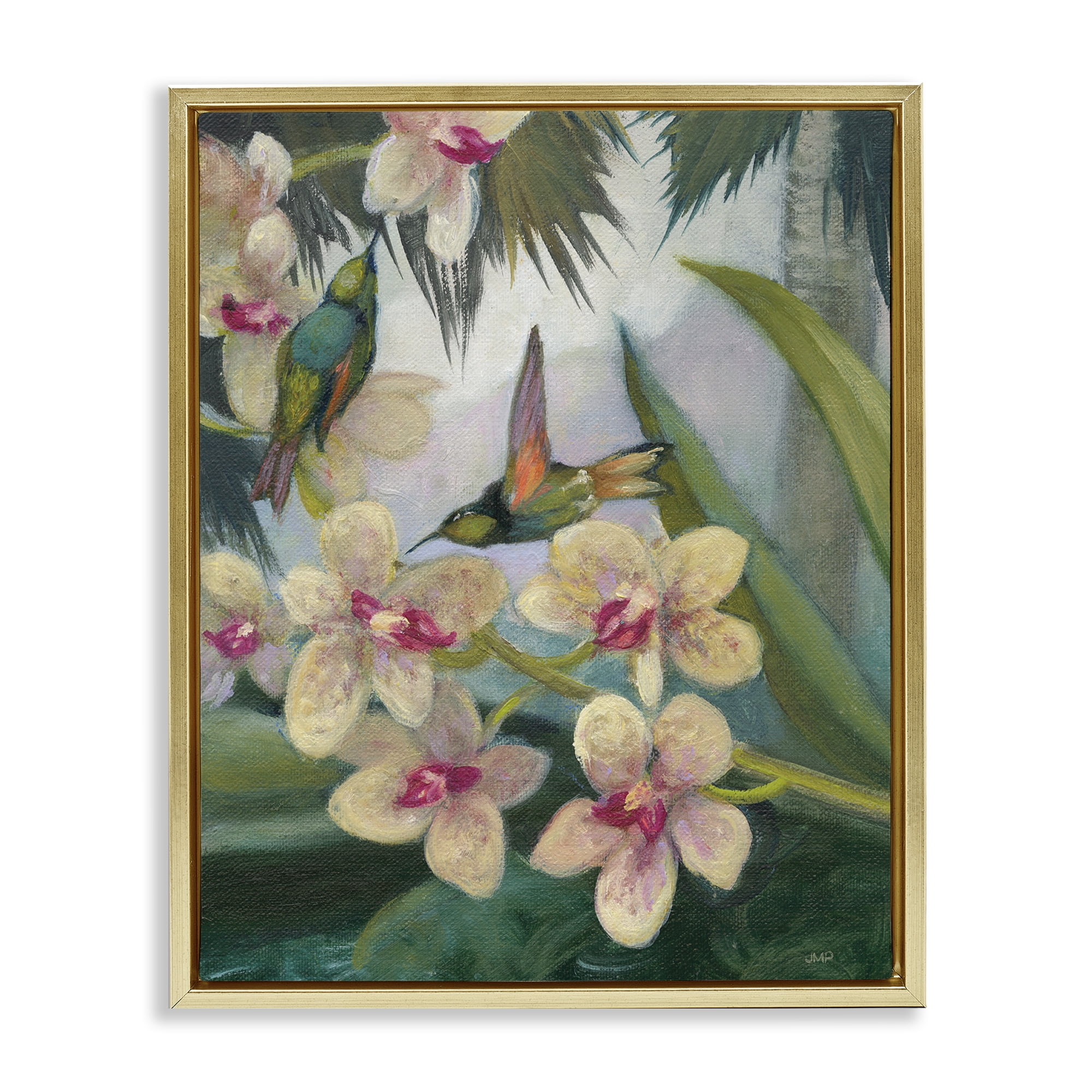 Stupell Industries Hummingbirds Among Blossoms Landscape Painting Gold Floater Framed Canvas Art Print Wall Art, 25 x 31