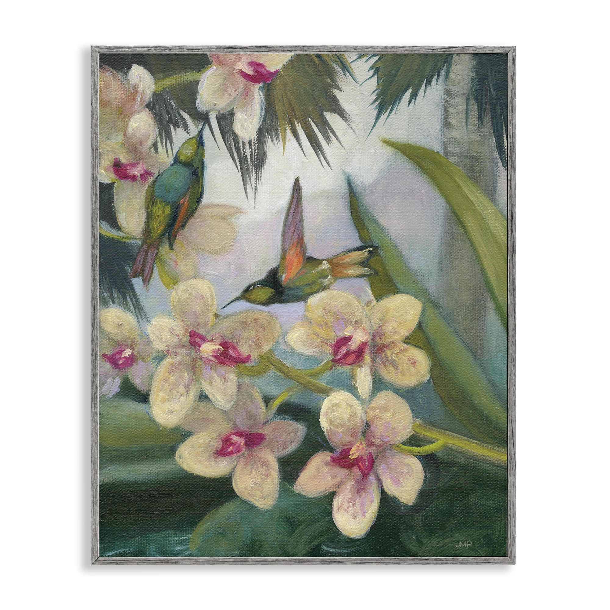 Stupell Industries Hummingbirds Among Blossoms Landscape Painting Gray Framed Art Print Wall Art, 11 x 14