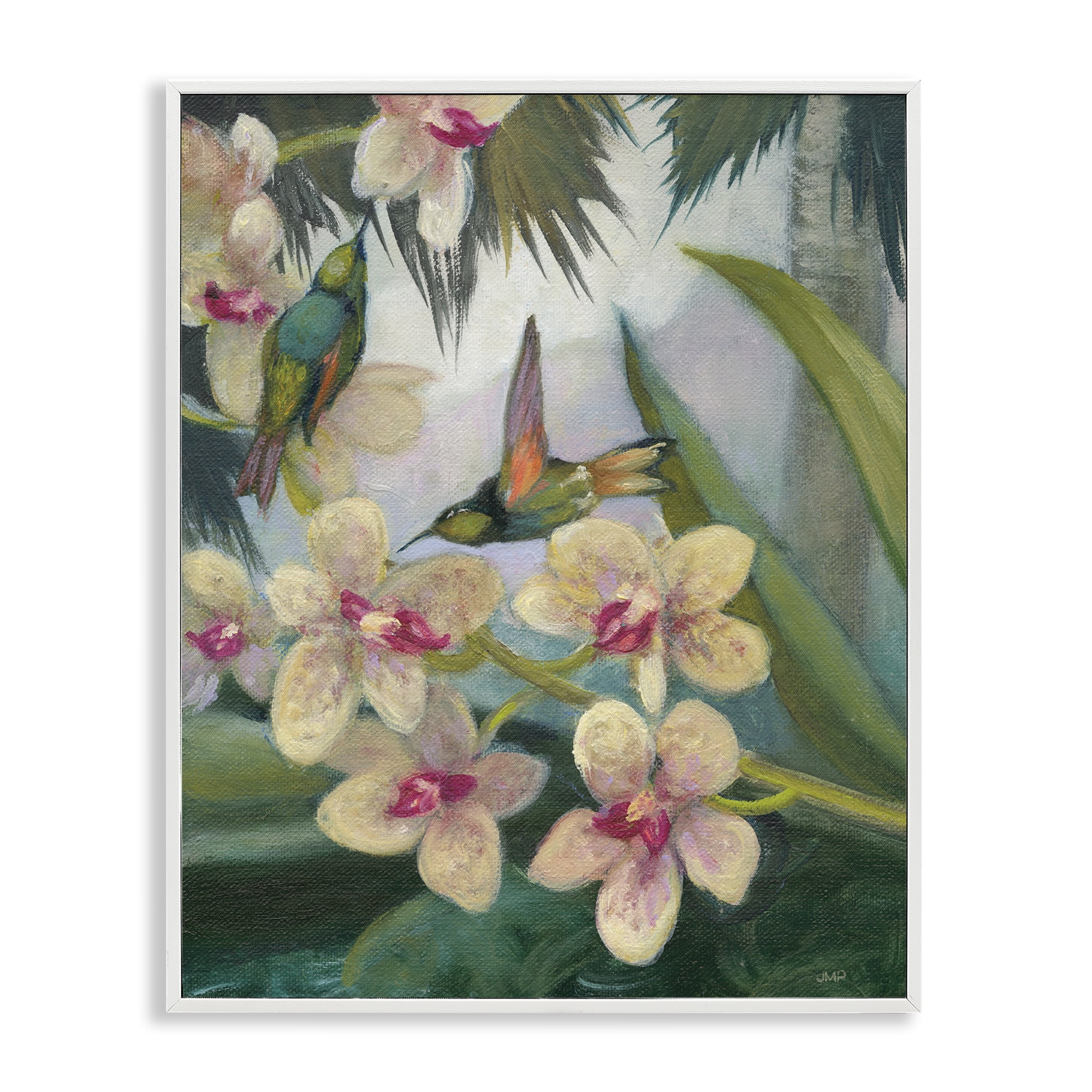 Stupell Industries Hummingbirds Among Blossoms Landscape Painting White Framed Art Print Wall Art, 11 x 14