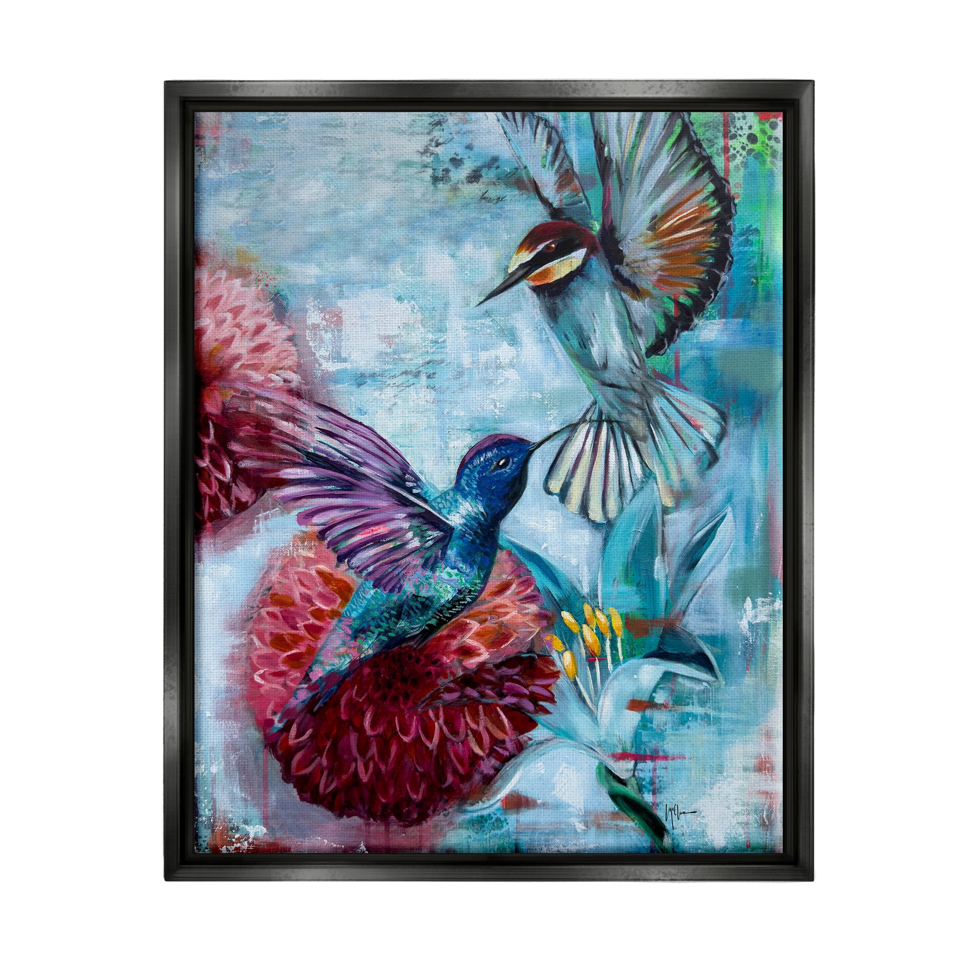 Stupell Industries Hummingbirds & Dahlias Animals & Insects Painting Black Floater Framed Canvas Art Print Wall Art, 17 x 21